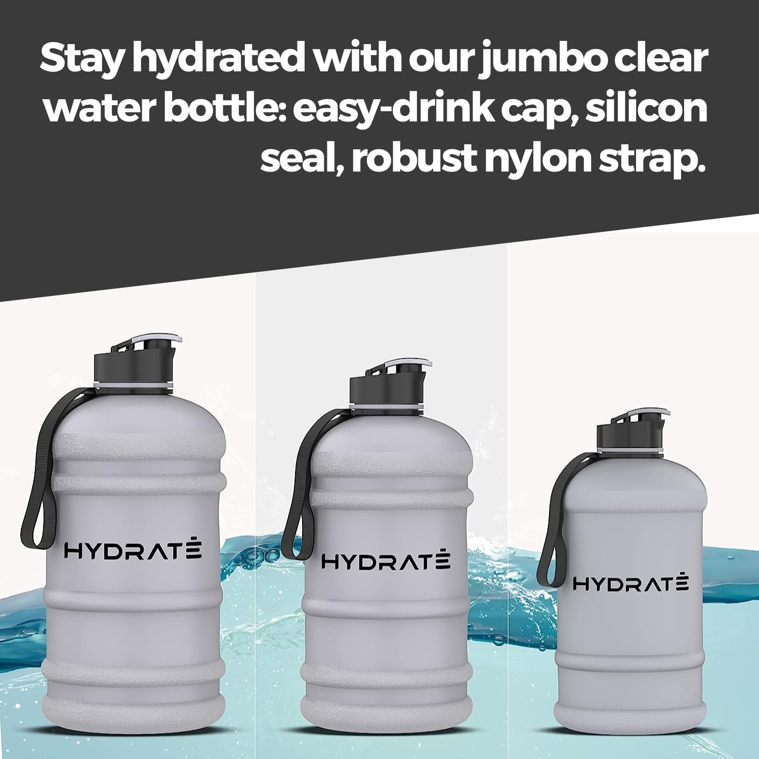 HYDRATE XL Jug 2.2 Litre Water Bottle - BPA Free, Flip Cap, Ideal for Gym - Colour Options (Matte Grey)