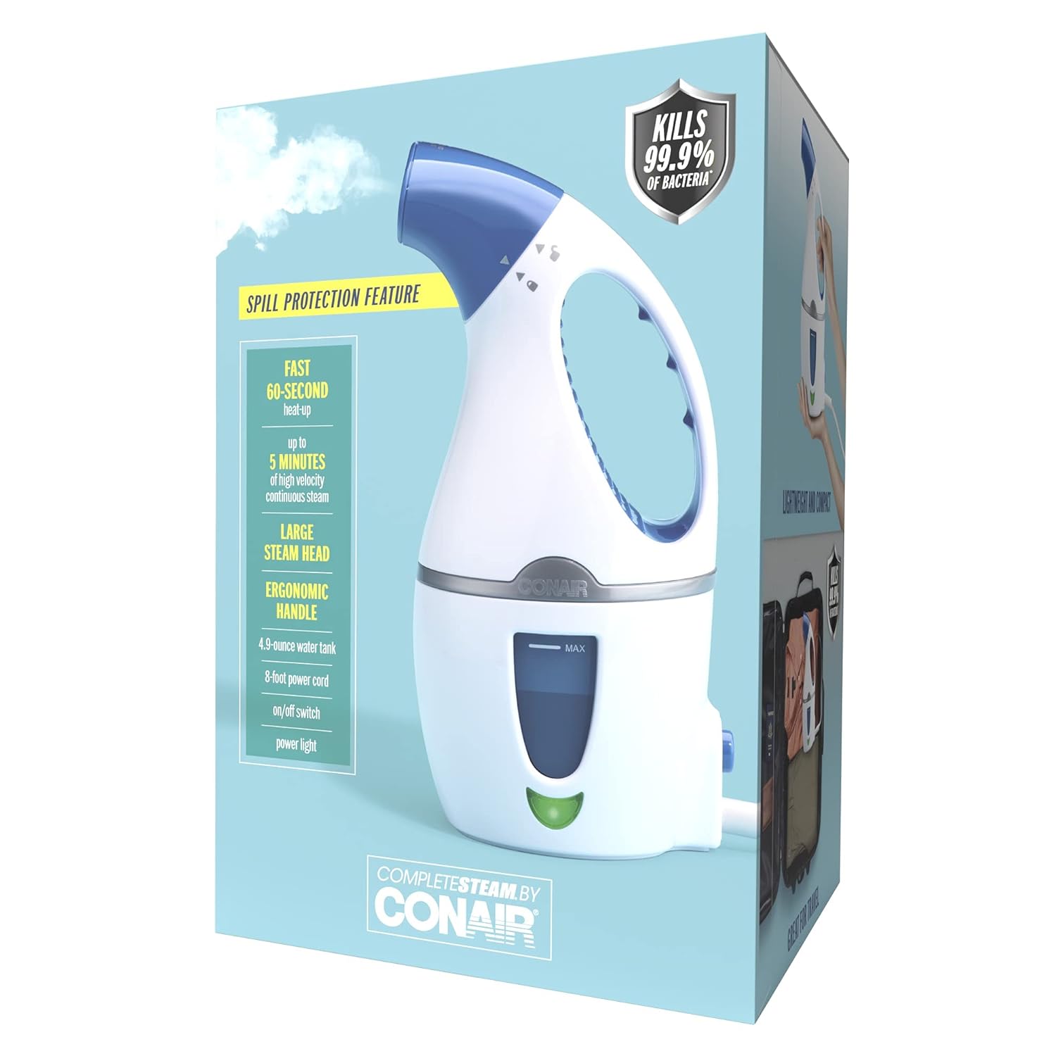 Conair Complete Steam Hand Held Fabric Steamer; Great for Travel and Touch Ups ~ Perfect for Small Spaces; White / Blue