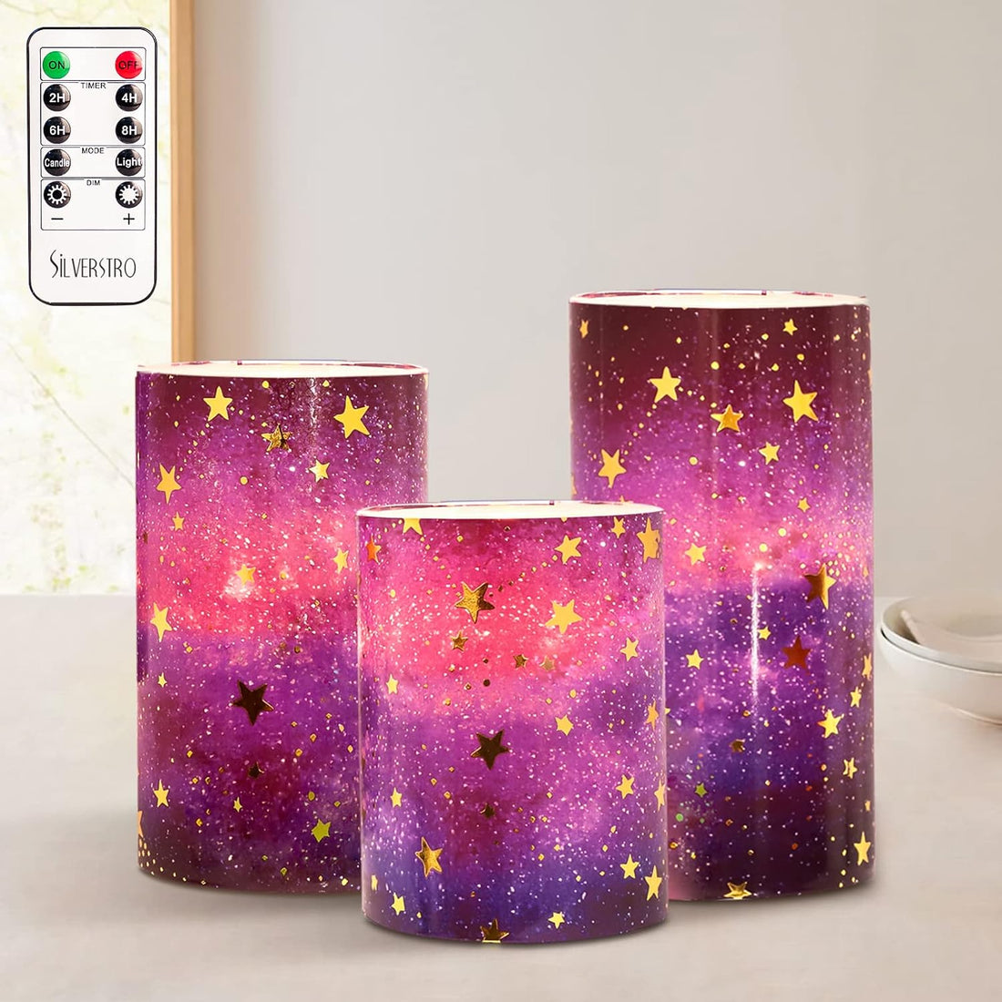Silverstro Modern Style Star Flameless Candles Glass Flickering LED Candles with Remote - Home Party Wedding Romance Atmosphere Holiday Spring Valentines Decor - Set of 3