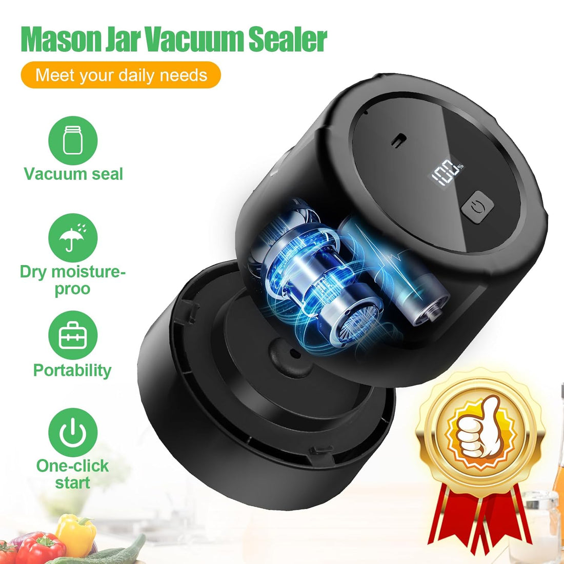Electric Mason Jar Vacuum Sealer - Vacuum Sealer for Jars, Electric Vacuum Sealer for Mason Jars, Canning Jar Sealer with Regular and Wide Mouth Mason Jars Lids