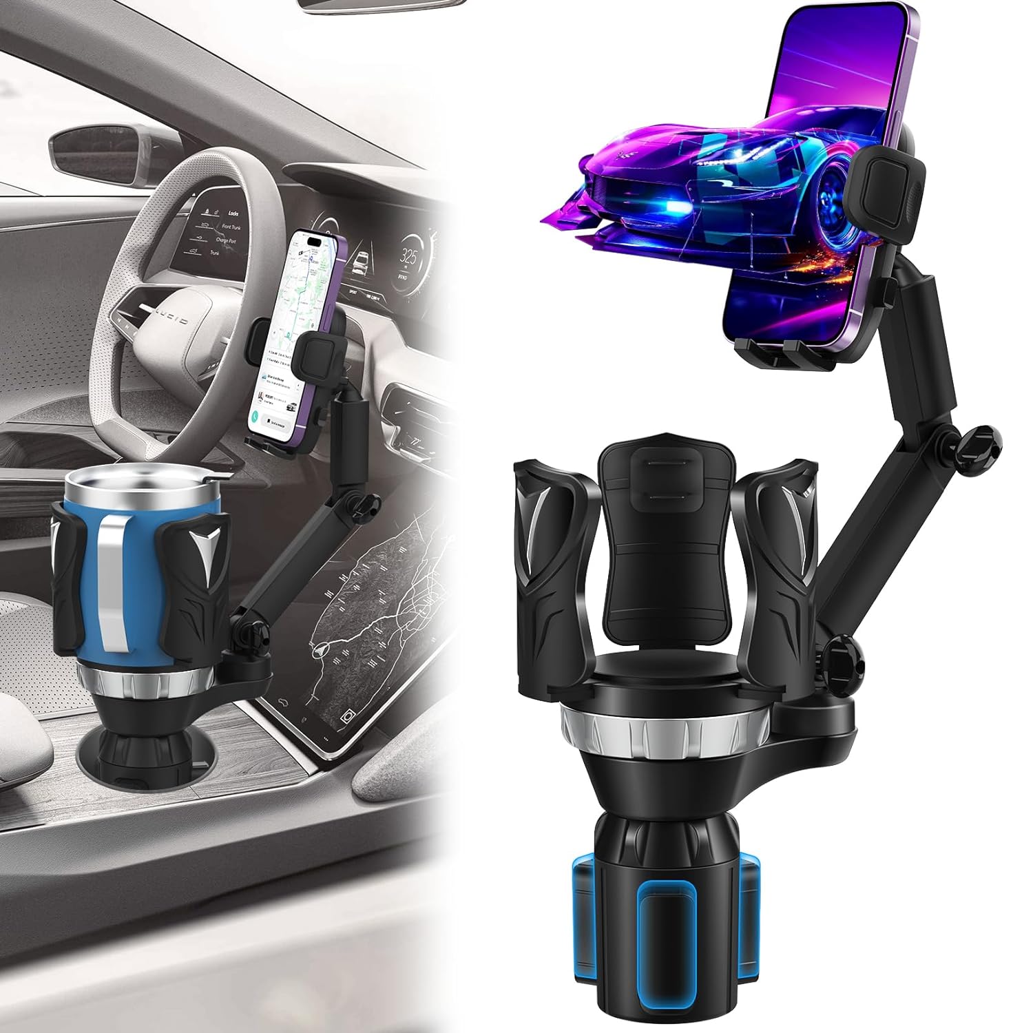 Cup Holder Extender Phone Mount (Adjustable) for Car with Expandable Base, 2-1 Multi Cupholder for Large Drink Bottle Mug and Phone Holder Fits All Smartphone (Silver-Cup Holder Phone Mount for car)