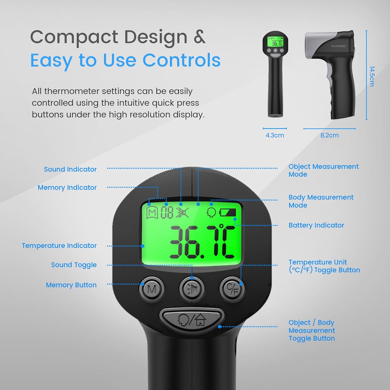 Medical Grade Clinical F-Doc Forehead Thermometer for Adults and Kids v2X Black, Digital Thermometer, Infrared No Touch Temporal Laser Gun, Indoor and Outdoor, Safe Non-Contact Touchless, 1s Results