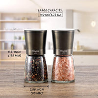 VEVOK CHEF Salt and Pepper Grinder Set Black Ceramic Spice Grinder with Adjustable Coarseness Pepper Mill Stainless Steel Salt Grinder Refillable Grinder Home Kitchen Gift