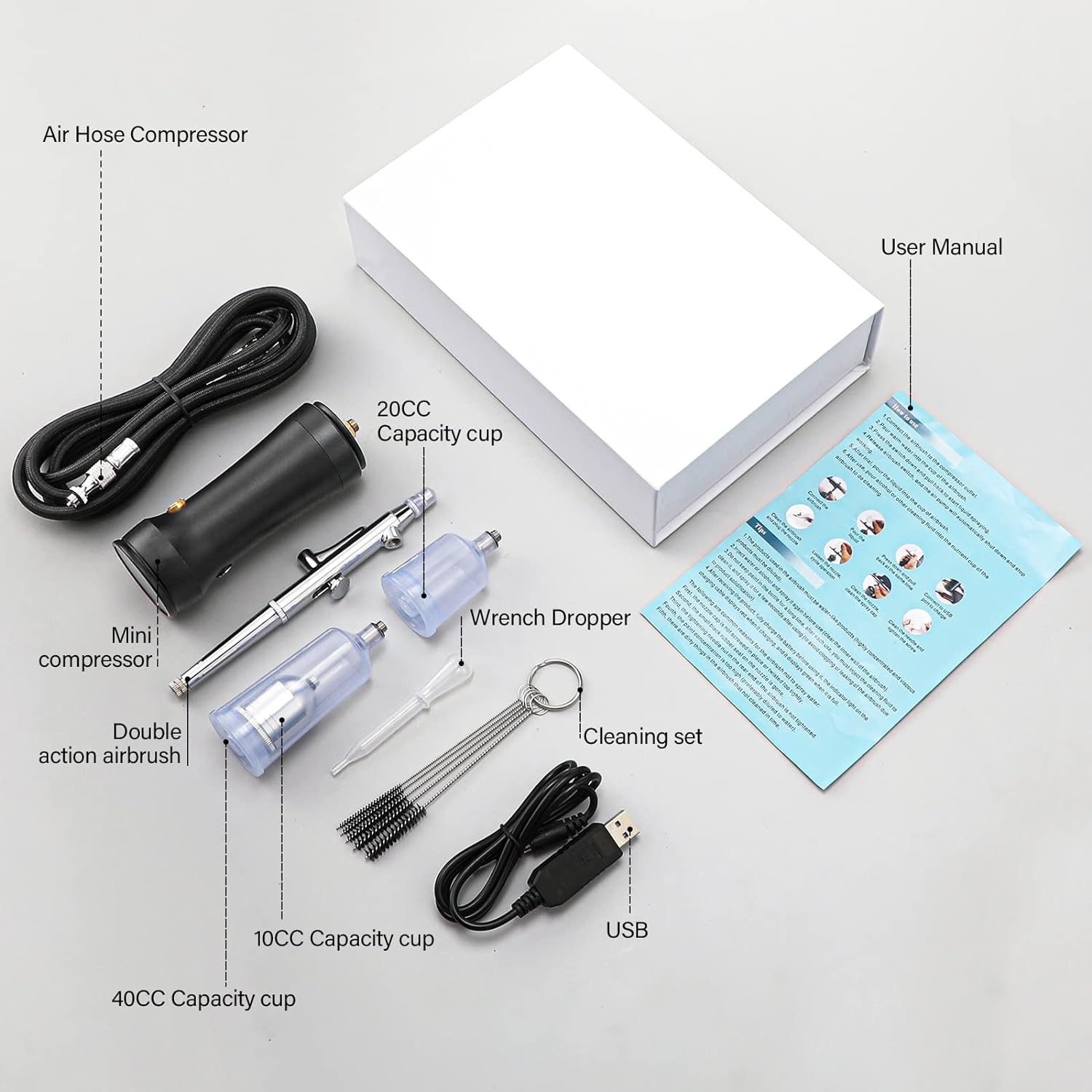 Upgraded Portable Airbrush Kit with Compressor 30PSI Mini Cordless Airbrush Gun Kit with Air Hose Rechargeable Handheld Airbrush Set for Cake Decor, Art, Makeup, Nail, Model Painting, Tattoo, Barber