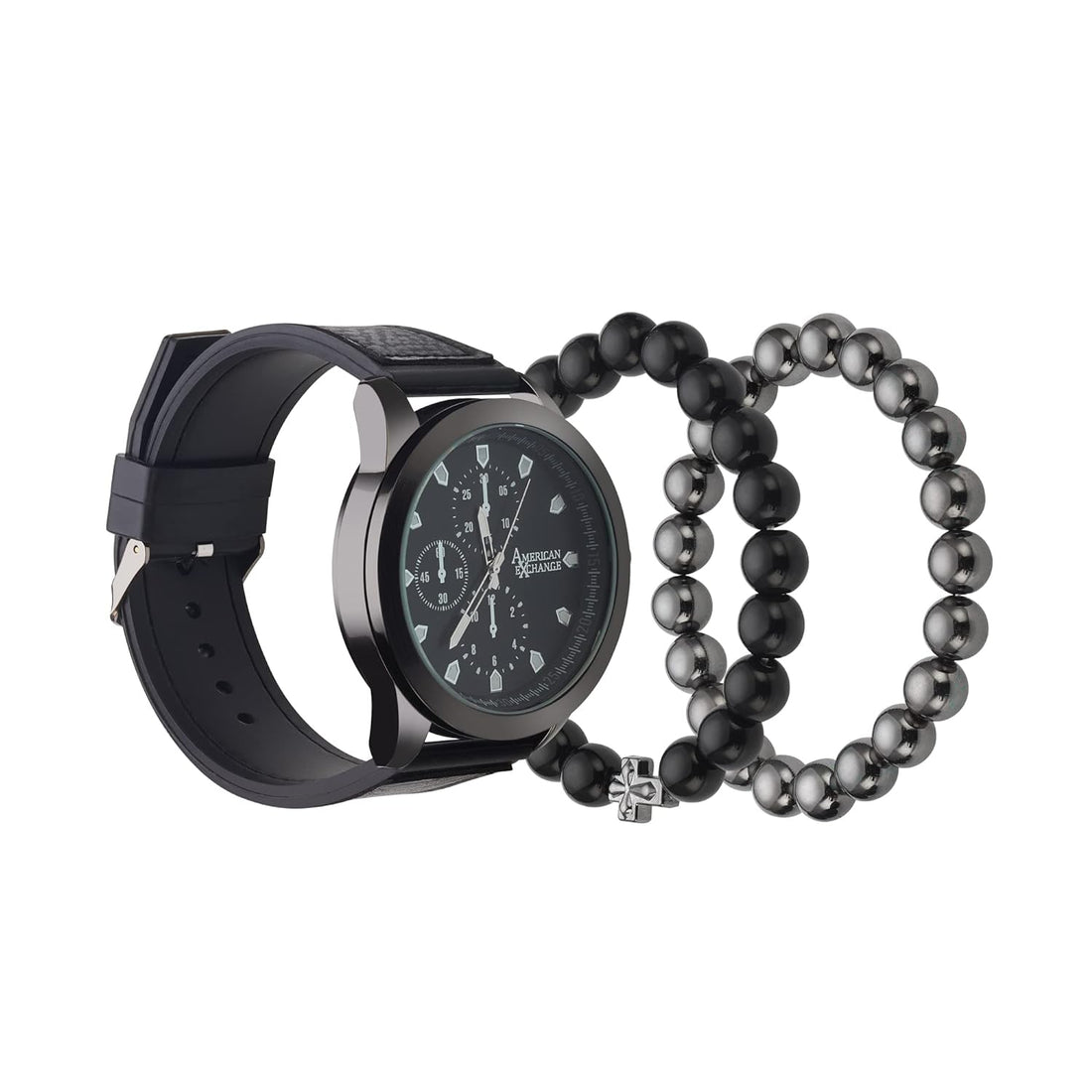 American Exchange Men's Quartz Movement Black/Matte Black Analog Watch and Stackable Bracelet Set with Zippered Pouch, Black/Matte Black, Medium, Classic