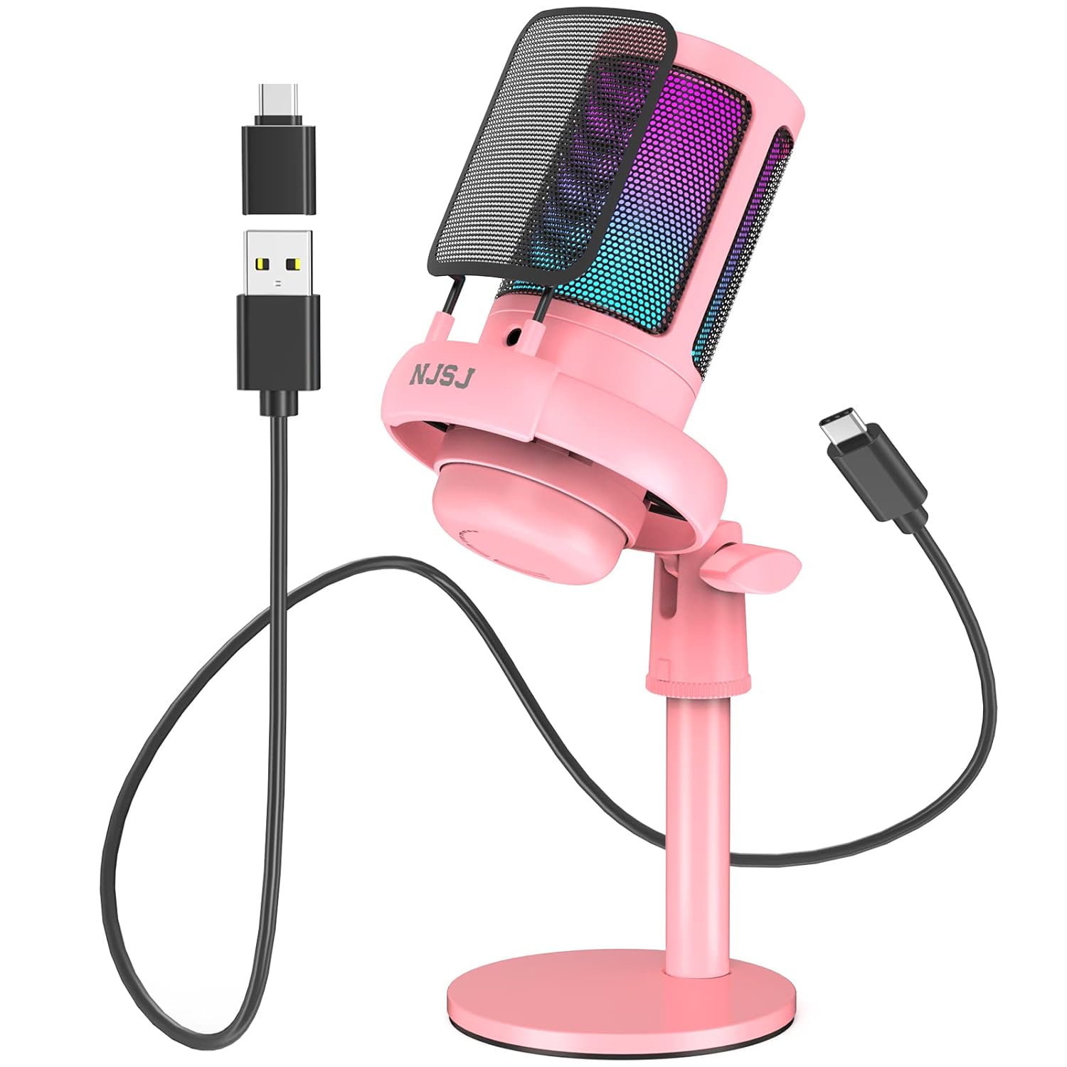 NJSJ USB Microphone for PC, Gaming Mic for PS4/ PS5/ Mac/Phone,Condenser Microphone with Touch Mute, RGB Lighting,Gain knob & Monitoring Jack for Streaming,Podcasting (with Desktop Stand, Pink)