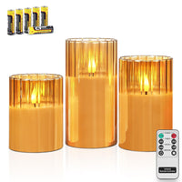 Rhytsing Gold Ribbed Glass Battery Operated LED Candles with Remote, Flameless Candle Gift Set with Timer, Warm White Light- Include 6 Batteries - Set of 3