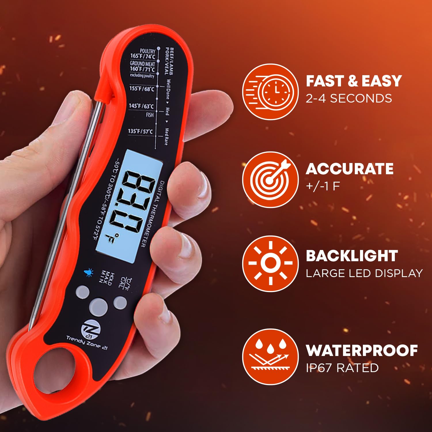 Trendy Zone Digital Instant Thermometer Waterproof Meat Thermometer for Cooking Food Ultra-Fast Temperature with Backlight Magnet Calibration Foldable Probe for Grill BBQ Kitchen Gadgets