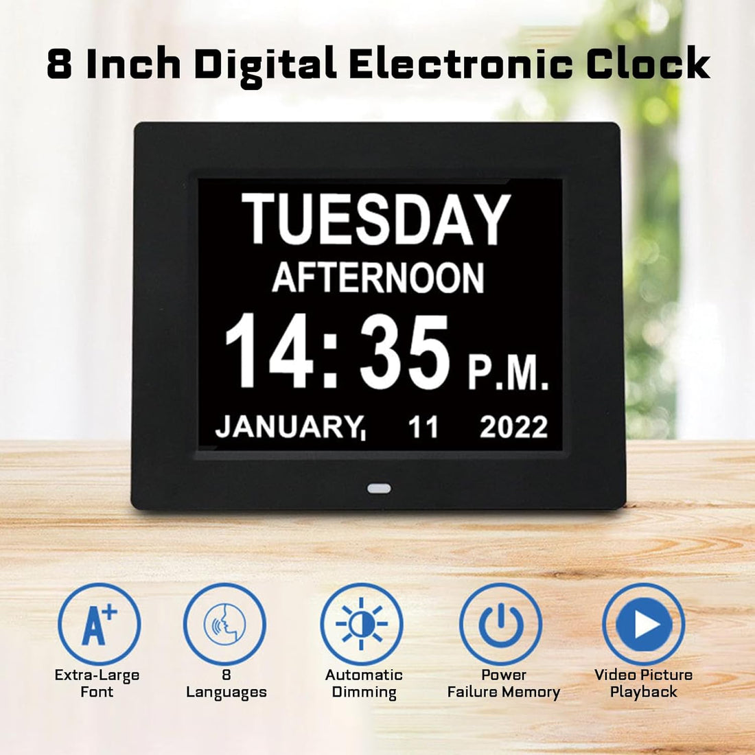 Dementia Clock, 8 inch Large Font Display Digital Calendar Alarm Day Clock, 5 Alarms Medication Reminders Automatic Dimming Clock with Day and Date, for Elderly (US Plug)