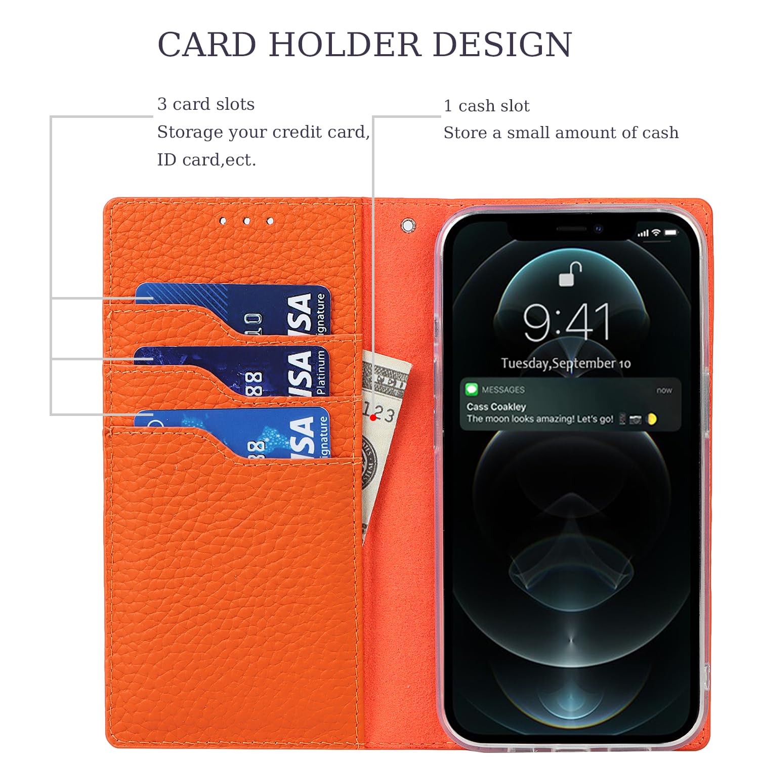 Ｈａｖａｙａ for iPhone 15 Plus Case Genuine Leather iPhone 15 Plus Wallet case with Card Holder for Women Flip Folio Cover with Credit Card Slots for Men-Orange Phone Case