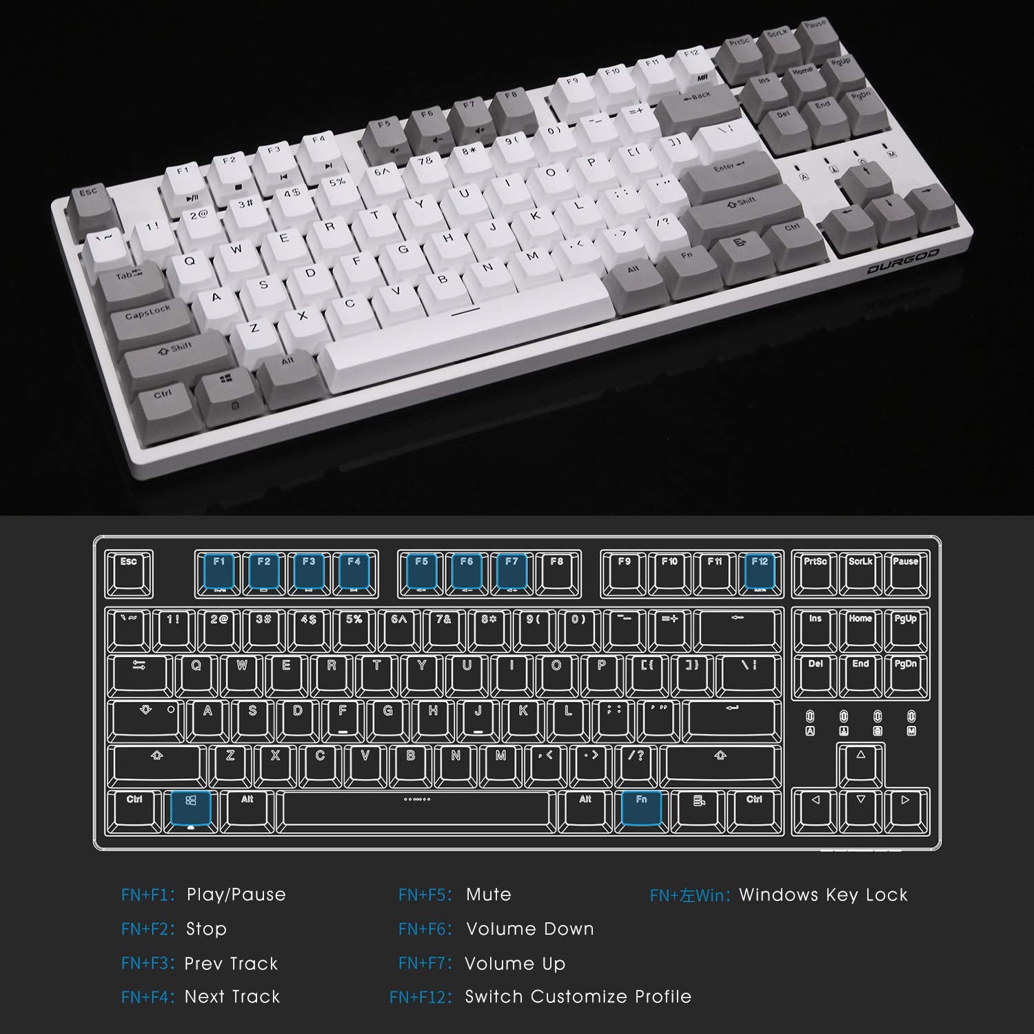 Durgod Taurus K320 TKL Mechanical Gaming Keyboard - 87 Keys - Double Shot PBT - NKRO - USB Type C (Cherry Brown, White)