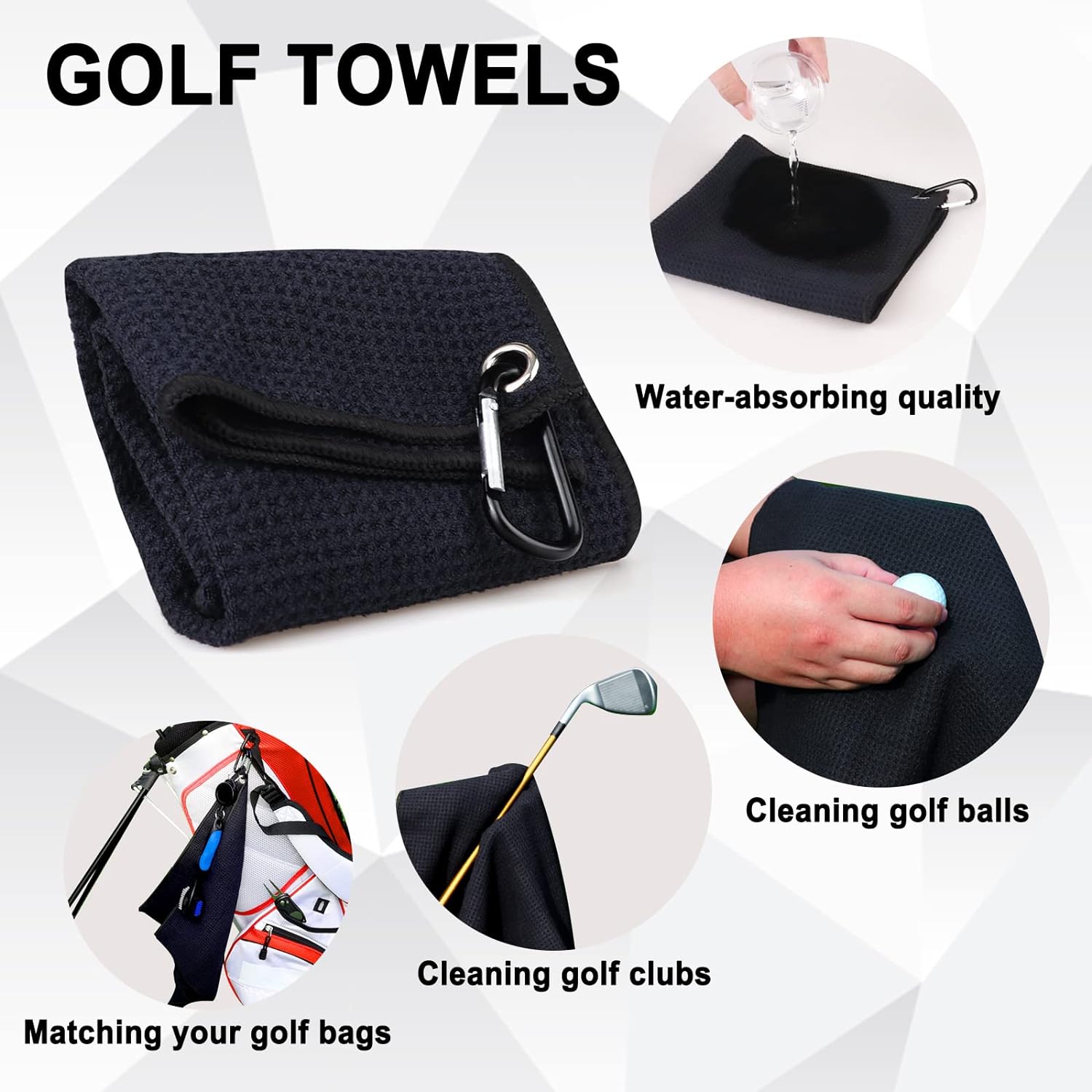 Big Crazy Golf Towel Microfiber Waffle Pattern, Retractable Golf Club Brush Groove Cleaner, Golf Divot Tool with Magnetic Ball Marker, Golf Towels for Golf Bags for Men Black