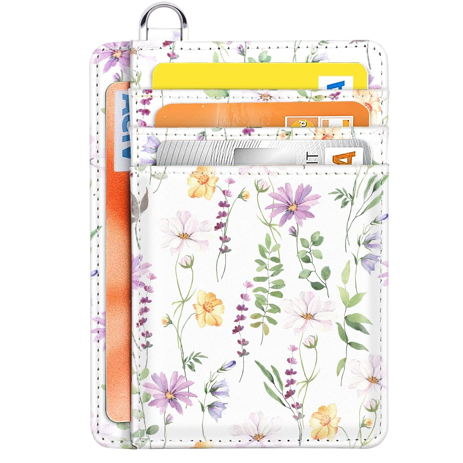 Slim Front Pocket Wallet RFID ID Card Holder Cute Small Wallet with Keychian for Women, White Daisy, Slim