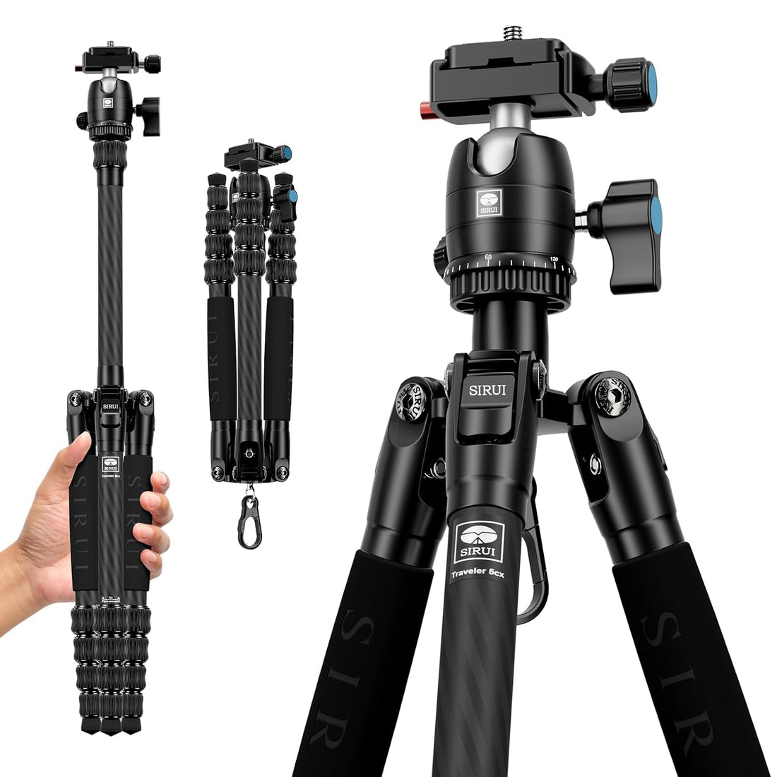 SIRUI Carbon Fiber Traveler 5CX 51.97 inches Camera Tripod Lightweight Travel Outdoor Tripod with 360° Panoram B-00K Ball Head and Arca Swiss Quick Release Plate, Folded Height 12.4",Load 11lbs/5kg