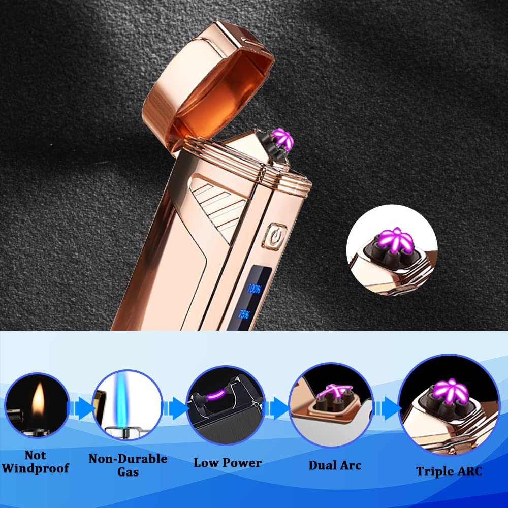 COMANYI Triple-Arc Electric Lighter, 2-in-1 Opener Windproof Lighter Flameless Plasma Lighter Rechargeable USB Lighter with Digital Battery Indicator. (Gold)