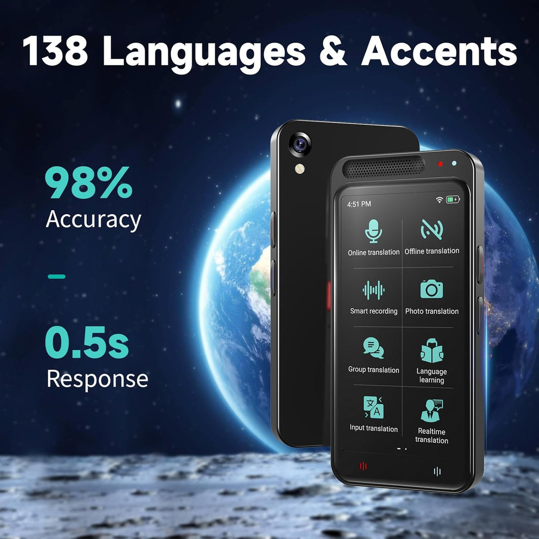 Voice Translator Device Two Way - 138 Languages Interpreter in Real Time - Voice & Photo Translation Learning Travelling Abroad Shopping Business Chat Shopping, Black