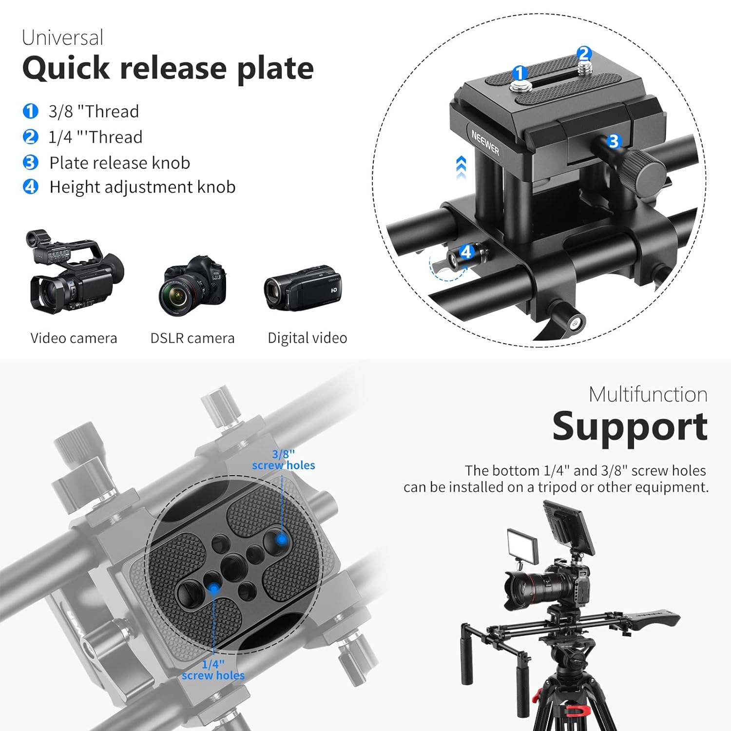 Neewer Universal Camera Shoulder Mount, Aluminum Alloy Camera Shoulder Rig, Video Filmmaking System with Movable Shoulder Pad, 15mm Rod, 1/4" 3/8" QR Plate for DSLR Mirrorless Camera Camcorder - ST34