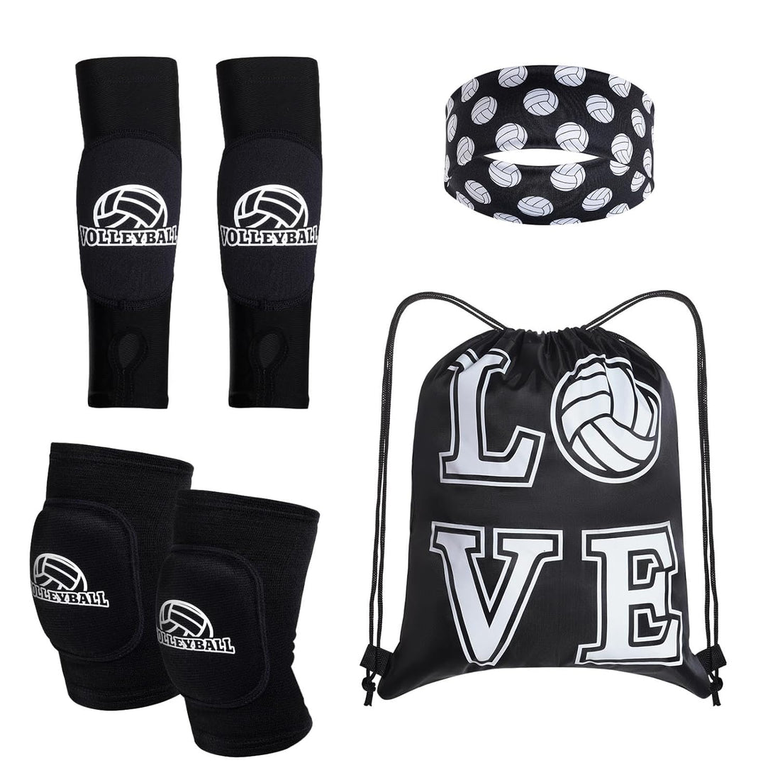 Topbuti 4 Pcs Volleyball Accessories Youth Volleyball Knee Pads Volleyball Arm Sleeves Protection Volleyball Headband Drawstring Bag for Women Teens Girls Boys Training (Style 1)