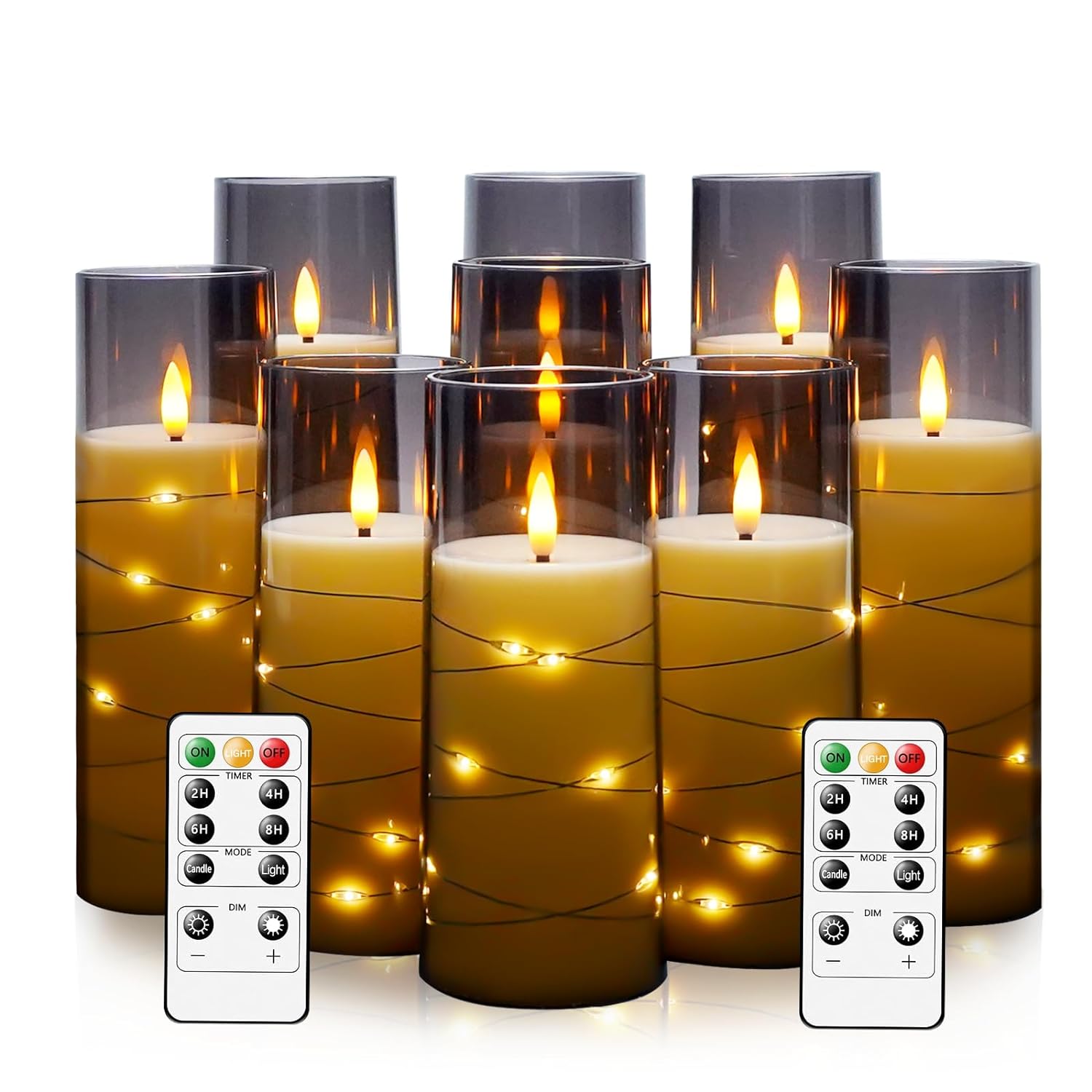 kakoya Flameless LED Candles with Timer 9 Pc Flickering Flameless Candles for Romantic Ambiance and Home Decoration Durable Acrylic Shell,with Embedded Star String，Battery Operated Candles（Grey）