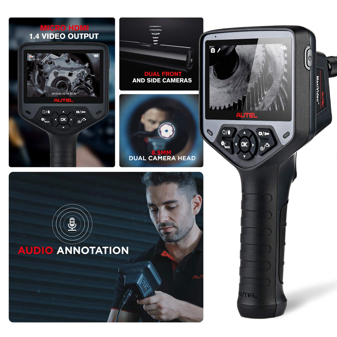 Autel MaxiVideo MV480 Inspection Camera, 1080P HD Industrial Endoscope Video Scope, Videoscope with Audio Annotation, Dual Cameras, 360°Rotation, 7 X Zoom, Upgraded Ver. of MV460