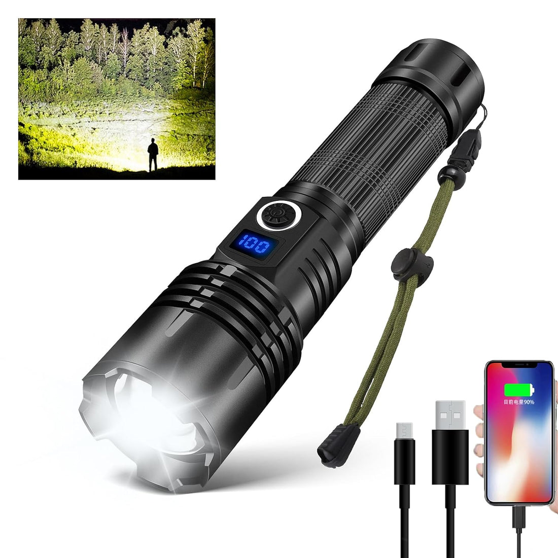 LUXJUMPER LED Flashlights High Lumens Rechargeable, 200000 Lumens XHP70 Tactical Flashlight, Super Bright 5 Modes Zoomable Waterproof Powerful Handheld Flashlights for Camping Emergency Dog Walking