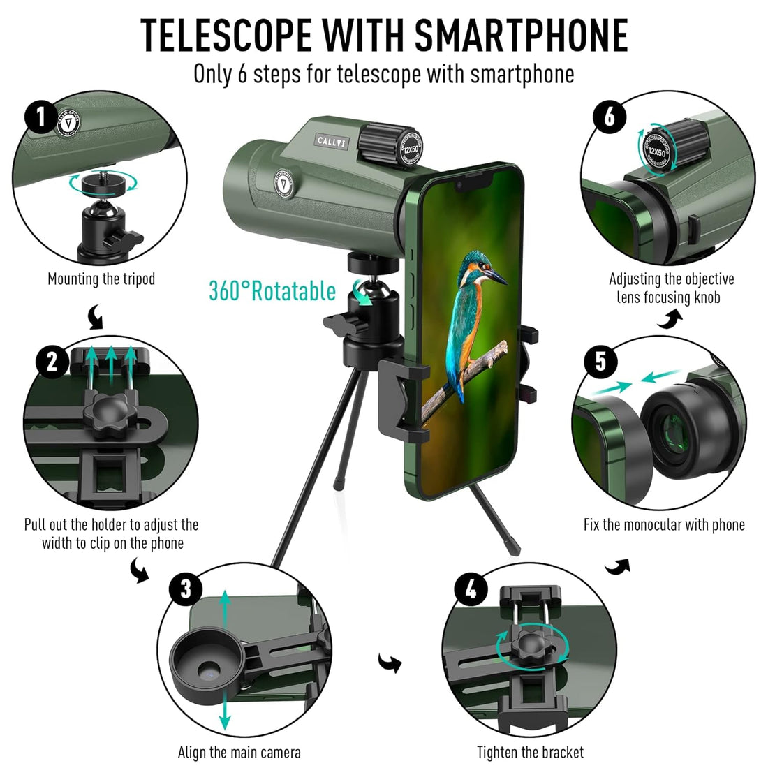 12x50 HD Monocular Telescope with Quick Phone Stand & Tripod Hand Strap BAK4 Prism & FMC Lens Portable Waterproof & Anti-Fog- Ideal for Hiking Hunting Camping Bird Watching - Best Gift for Men, HL01