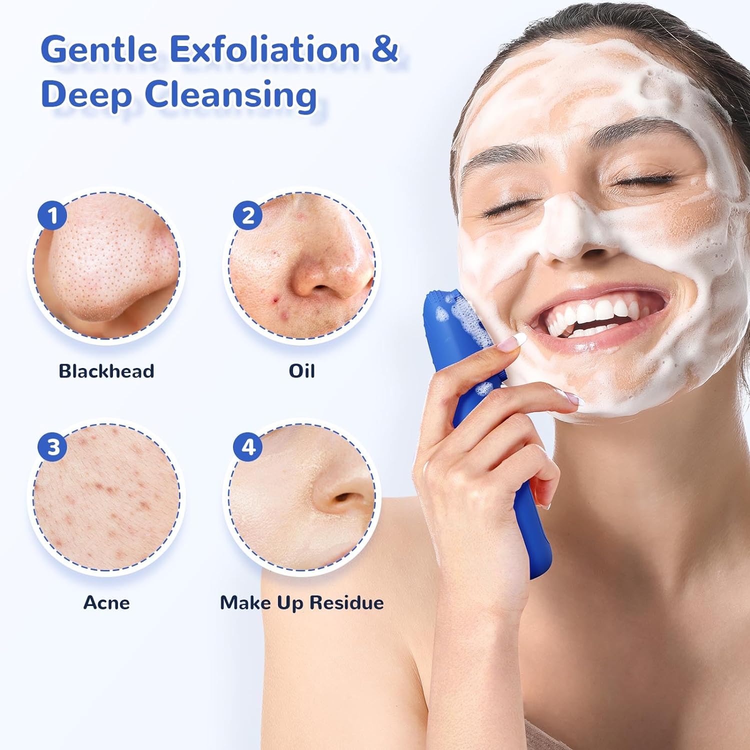 Sonic Face Cleansing Brush - CareYou Face Scrubber for Women, Rechargeable Silicone Face Brushes for Deep Cleansing and Exfoliating, 40 Days Long-Last, Heating Mode, IPX7 Waterproof - Deep Blue