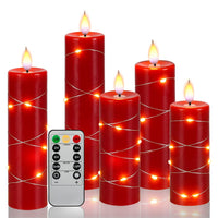YHQIAOX Red Flameless Candle with Remote Control LED Candle with String Lights Battery Powered Flameless Candle4'' 5'' 6'' 7'' 8'' Candles of 5 Pcs