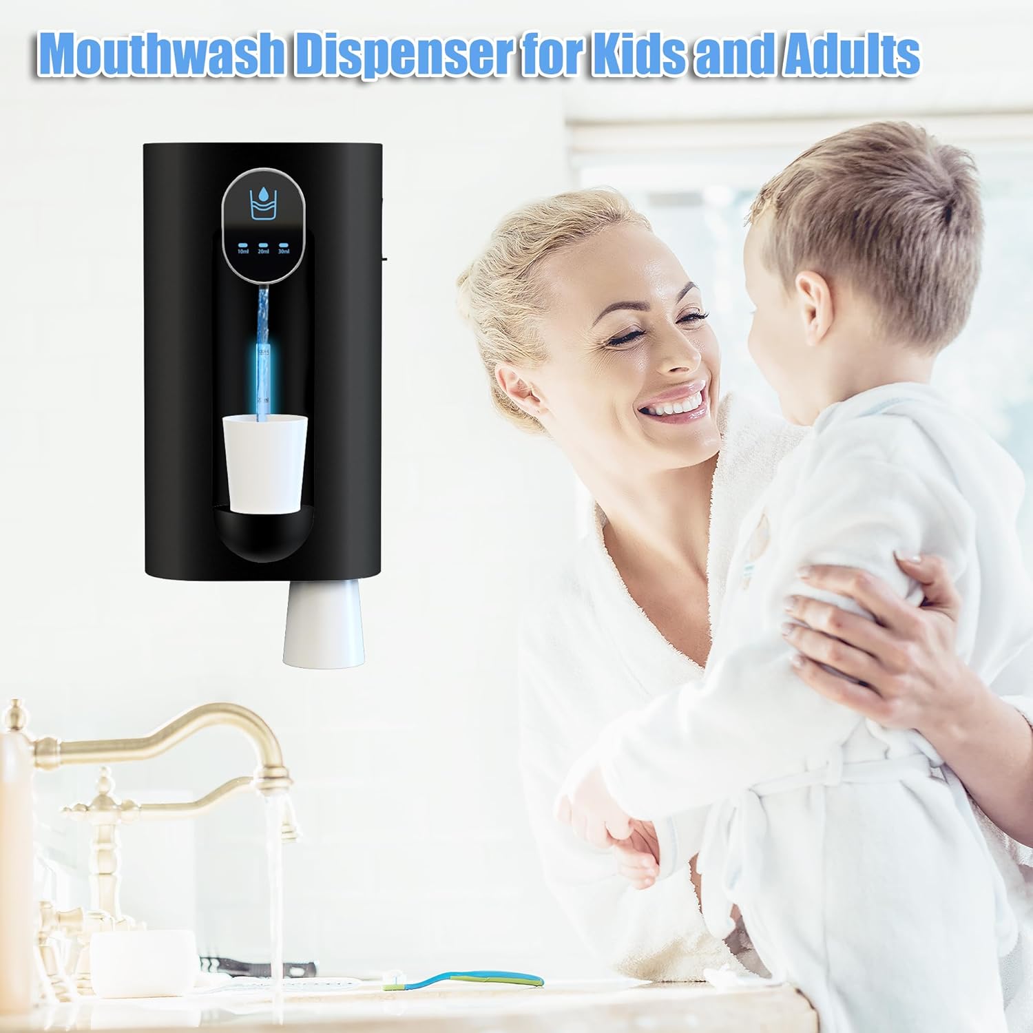 DAILOU Automatic Mouthwash Dispenser for Bathroom,540mL(18.26 Oz), Wash Mouth Container Display Screen for Bathroom 3 Adjustable Dispensing Levels 4pcs Magnetic Cups,Perfect for Kids and Adults Black