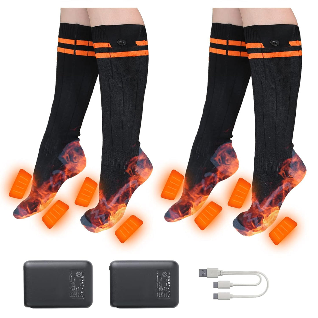 2 Pairs Heated Socks for Men Women, Rechargeable 5000mAh Power Pack Heated Socks with 4 Heating Level, Washable Electric Heated Socks for Hiking, Hunting, Skiing, Winter Activities(M)