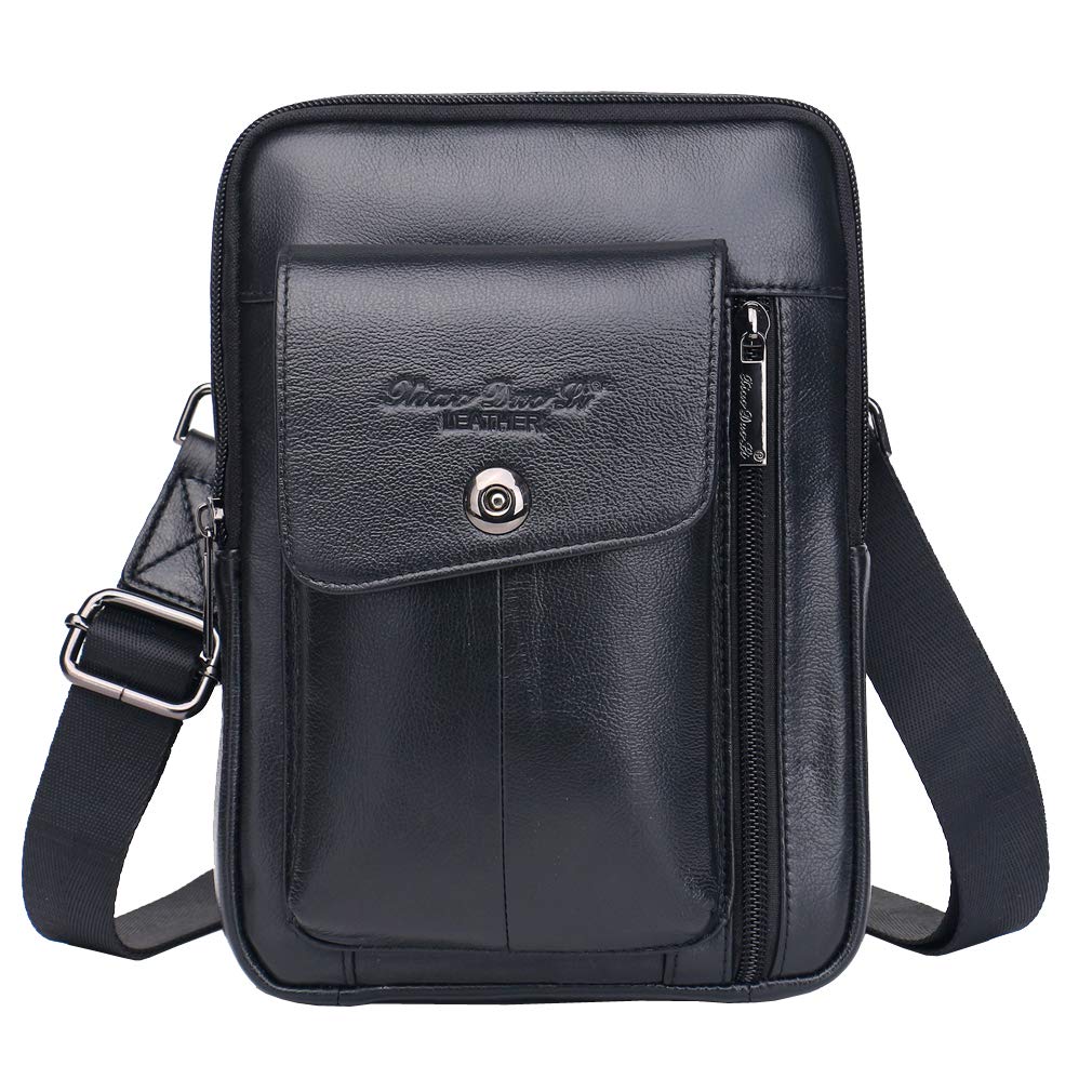 Vintage Leather Shoulder Messenger Bag for Men Travel Business Crossbody Pack Daypack Wallet Phone Pouch Purse Bag Black