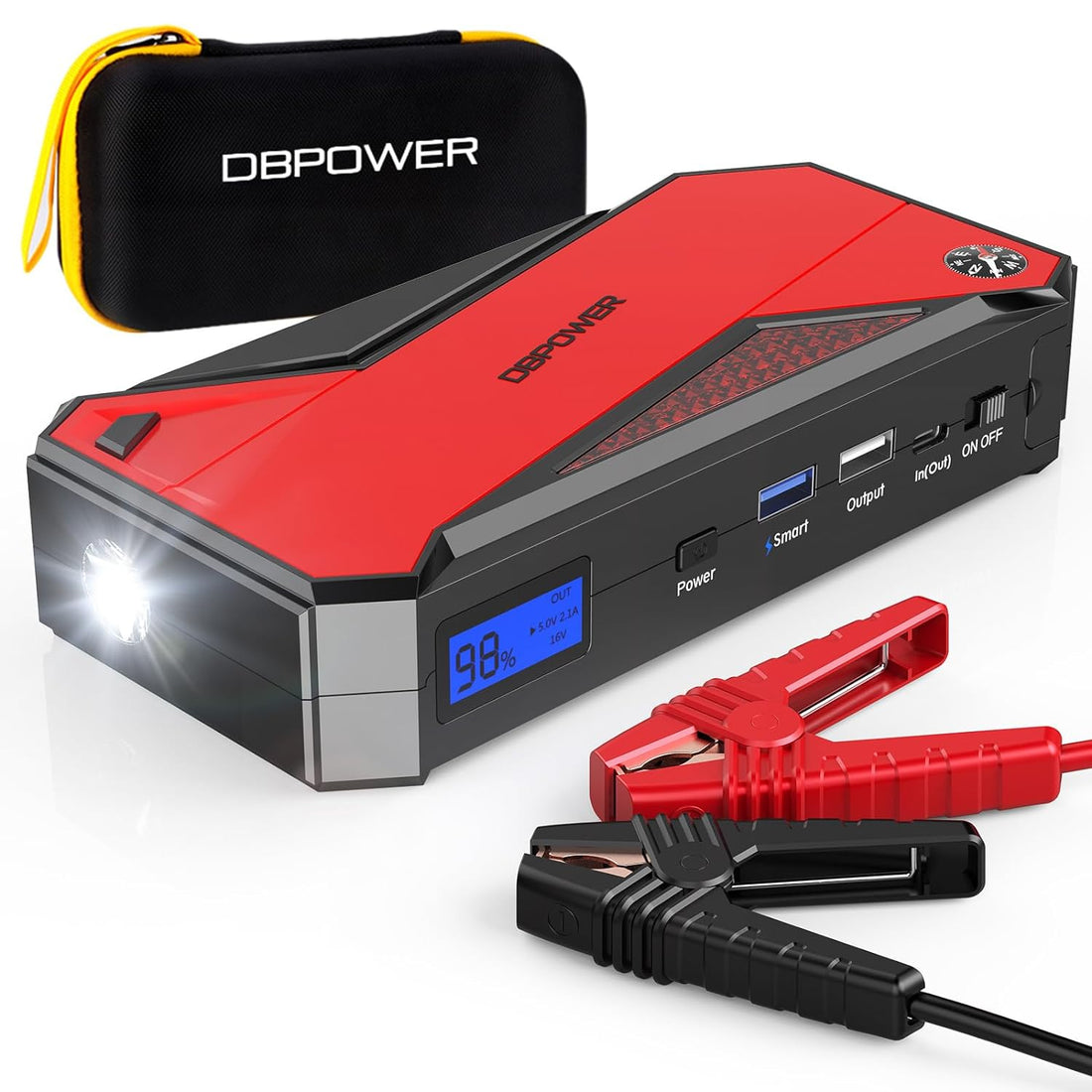 DBPOWER Portable Car Jump Starter DJS50 External Battery Smart Charger Power Bank with Compass, LCD Screen and LED 600A Peak 18000mAh (Black/Red)