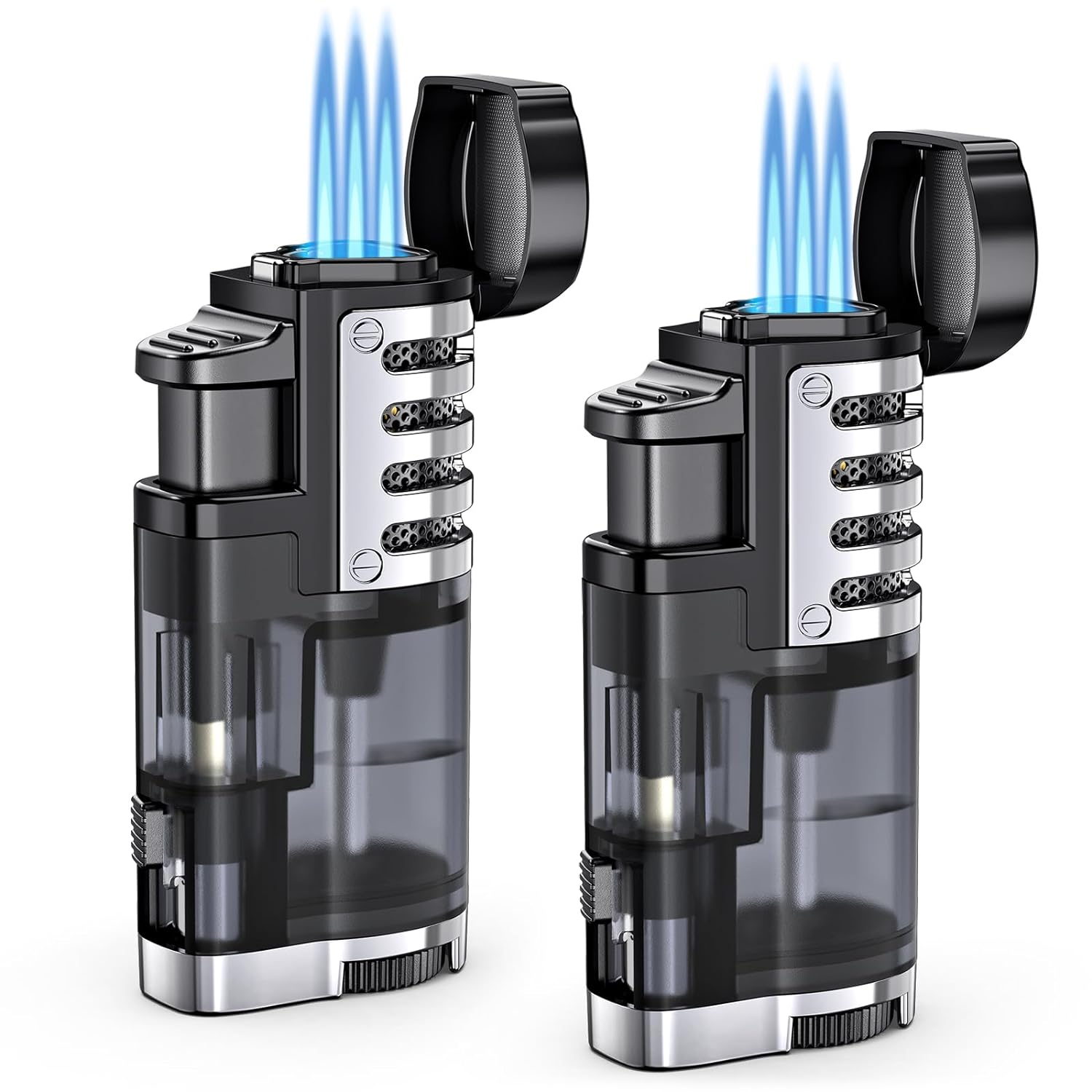 Torch Lighter Butane Refillable Triple Jet Flame Torch Lighters, Windproof Adjustable Flame Butane Torch Lighter with Punch 2 Pack (Without Fuel)