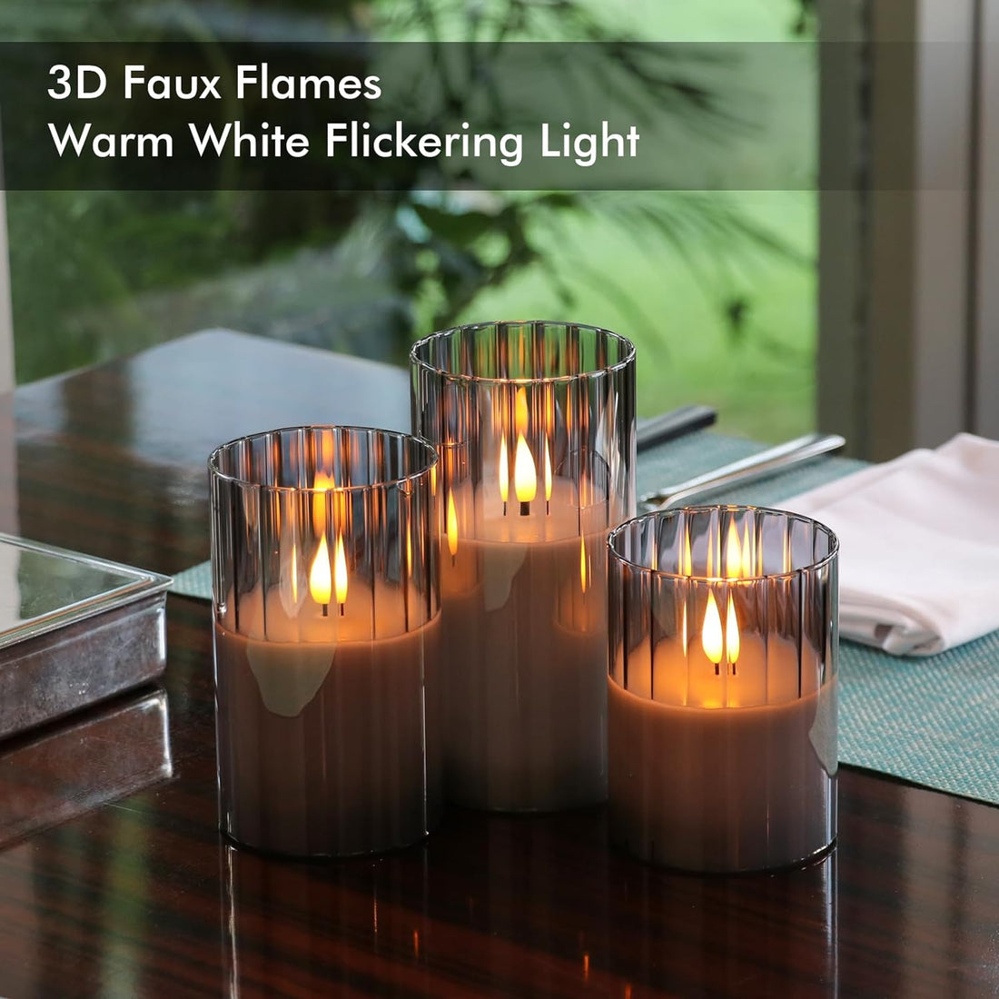 Rhytsing Smoked Ribbed Glass Battery Operated LED Candles with Remote, Flameless Candle with Gift Set for Home Decor, Warm White Lights- Include 6 Batteries - Set of 3