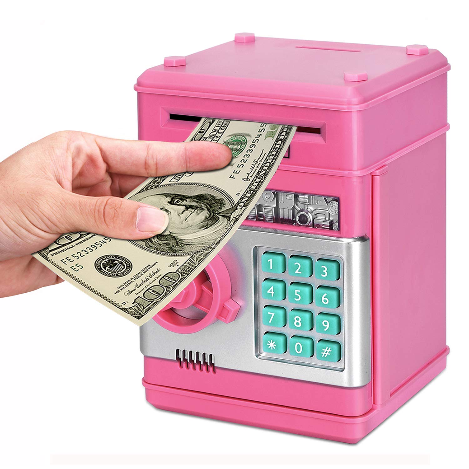 Adsoner Toy Piggy Bank, Electronic ATM Password Cash Coin Can Auto Scroll Paper Money Saving Box Gift for Kids (Light Pink)