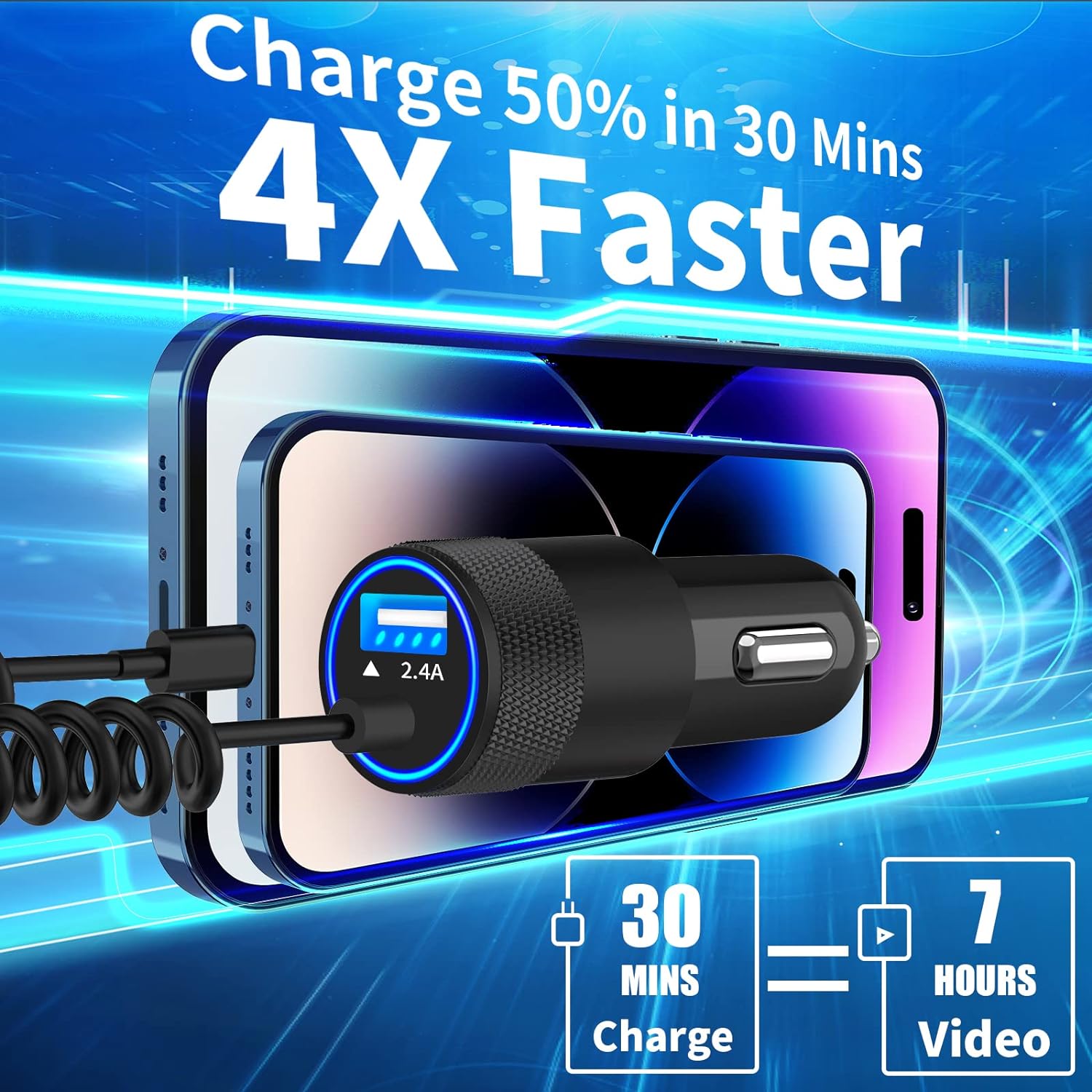 [Apple MFi Certified] iPhone Fast Car Charger, BARMASO 4.8A USB Smart Power Rapid Car Charger with Built-in Coiled Lightning + 6FT Lightning Cable Quick Car Charge for iPhone 14/13/12/11/XS/XR/SE/iPad
