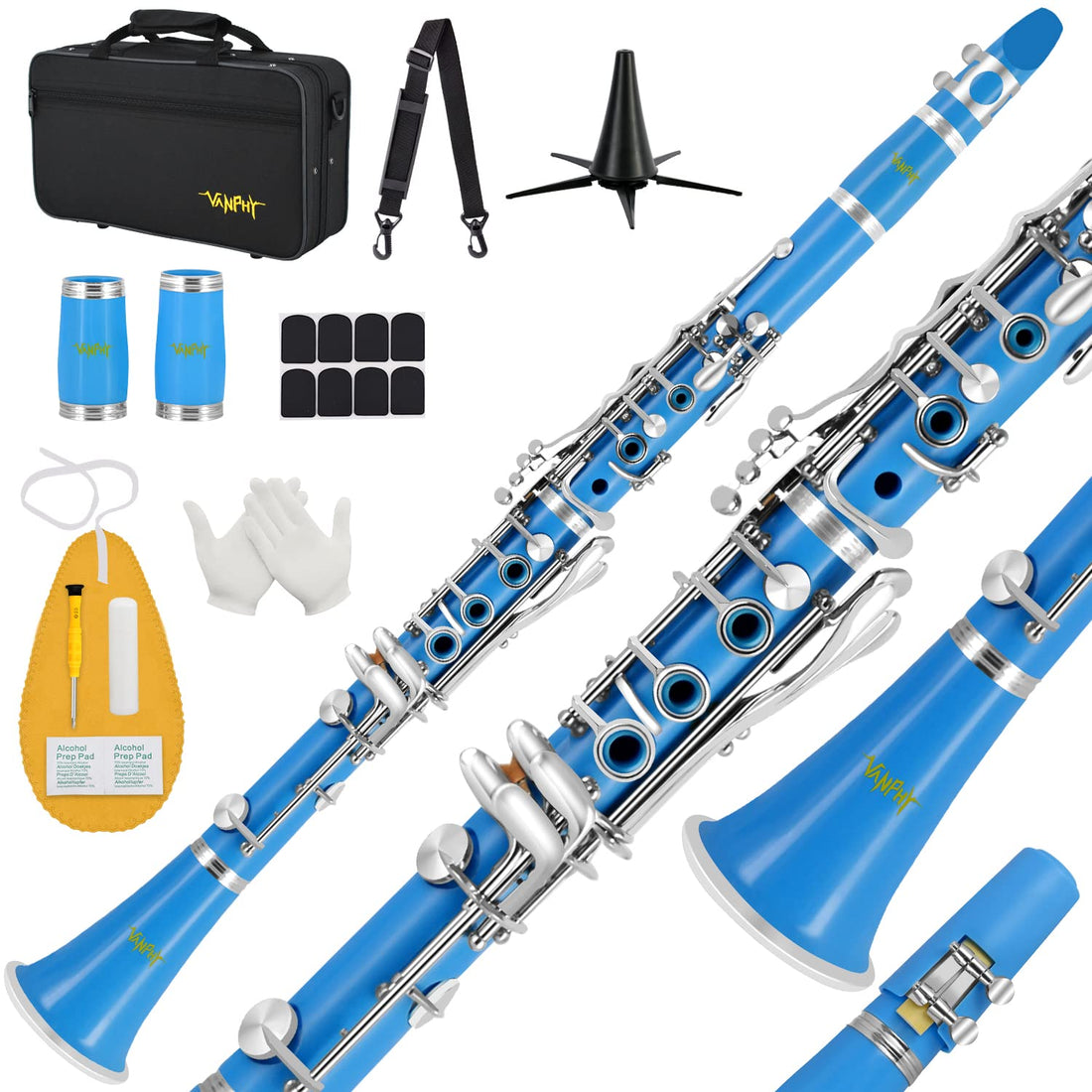 VANPHY B-flat Clarinet for College Student, Ebonite Bb Clarinet Beginner, Clarinet ABS Material, Clarinet 17 Nickel-plated Keys, Clarinet Professional with case Barrels Cushion （Blue）…