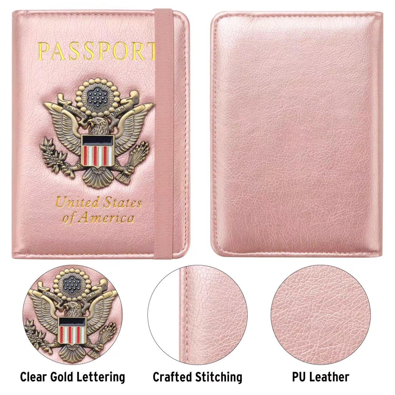 FACATH Passport Holder Cover Case Travel Wallet Case Passport Cards Protector Leather Card Case RFID Blocking Travel Accessories Document Organizer, Rose Gold, Rfid Blocking