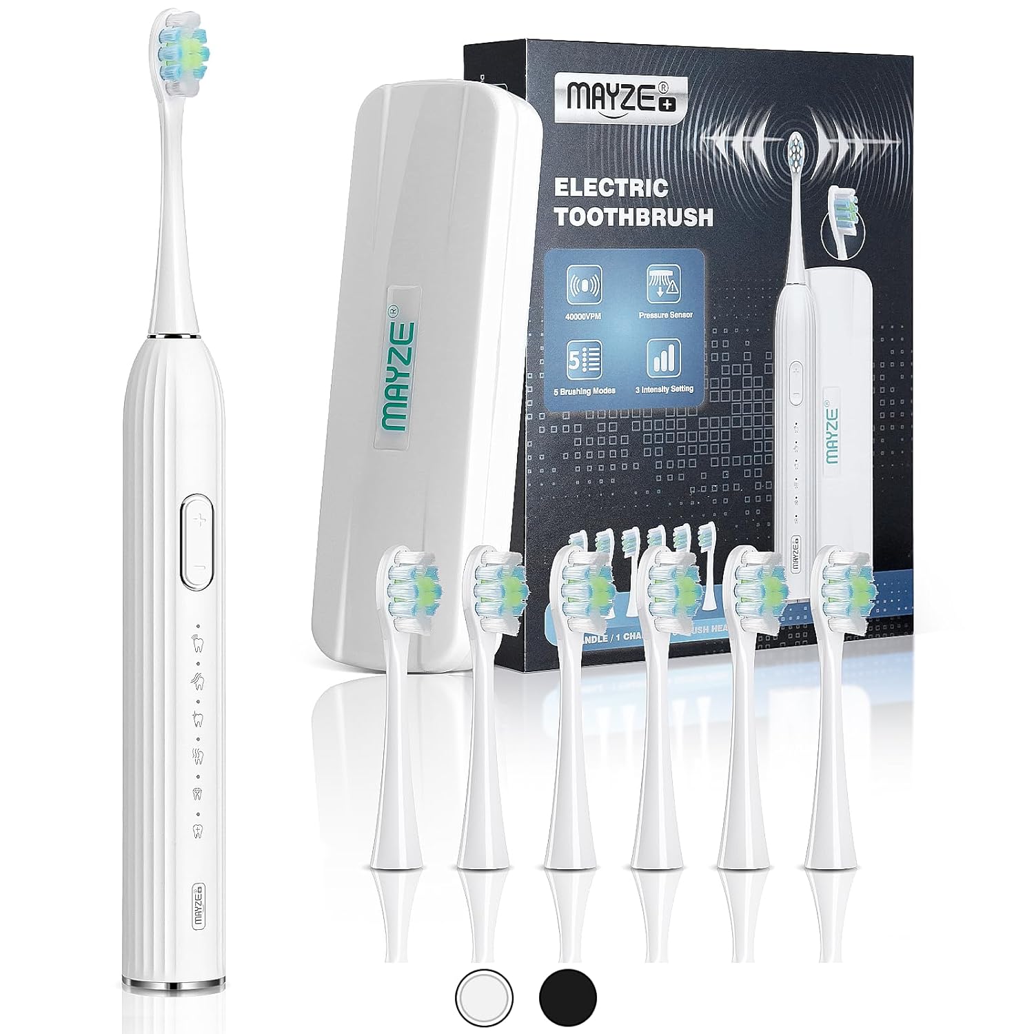 MAYZE Sonic Electric Toothbrush with 6 Brush Heads&Travel Case for Adults, One Charge for 60 Days, 3 Intensity Levels&5 Modes with 2 Minutes Build in Smart Timer, Rechargeable Toothbrushes (White)