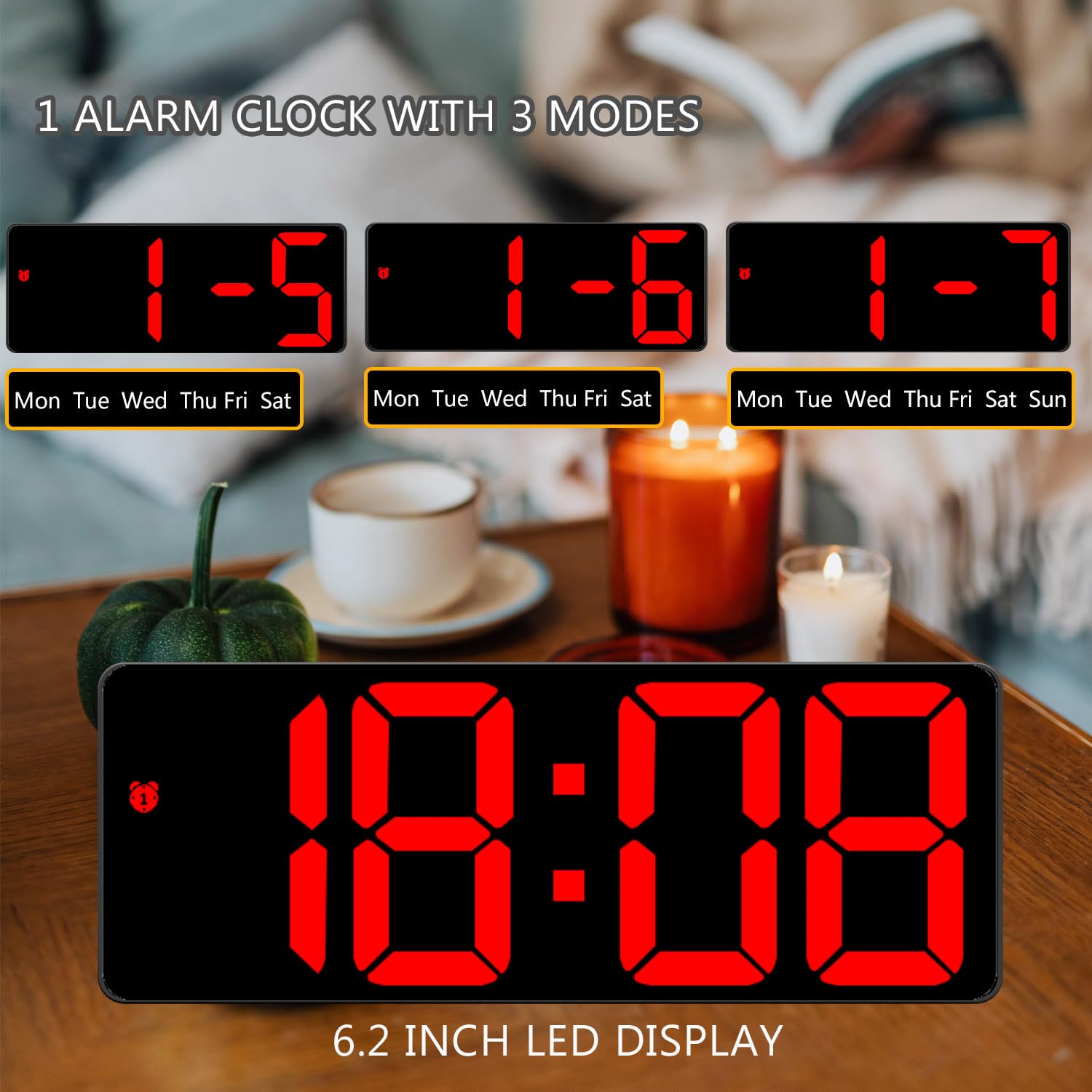 Yaboodn Digital Alarm Clock for Bedrooms, 6.5 inch LED Display with Red Digits, 3 Levels Brightness Adjustable, Desk Alarm, Table Clock with 1 Alarm, 12/24H, Temperature, Calendar Corded Powered(Red)