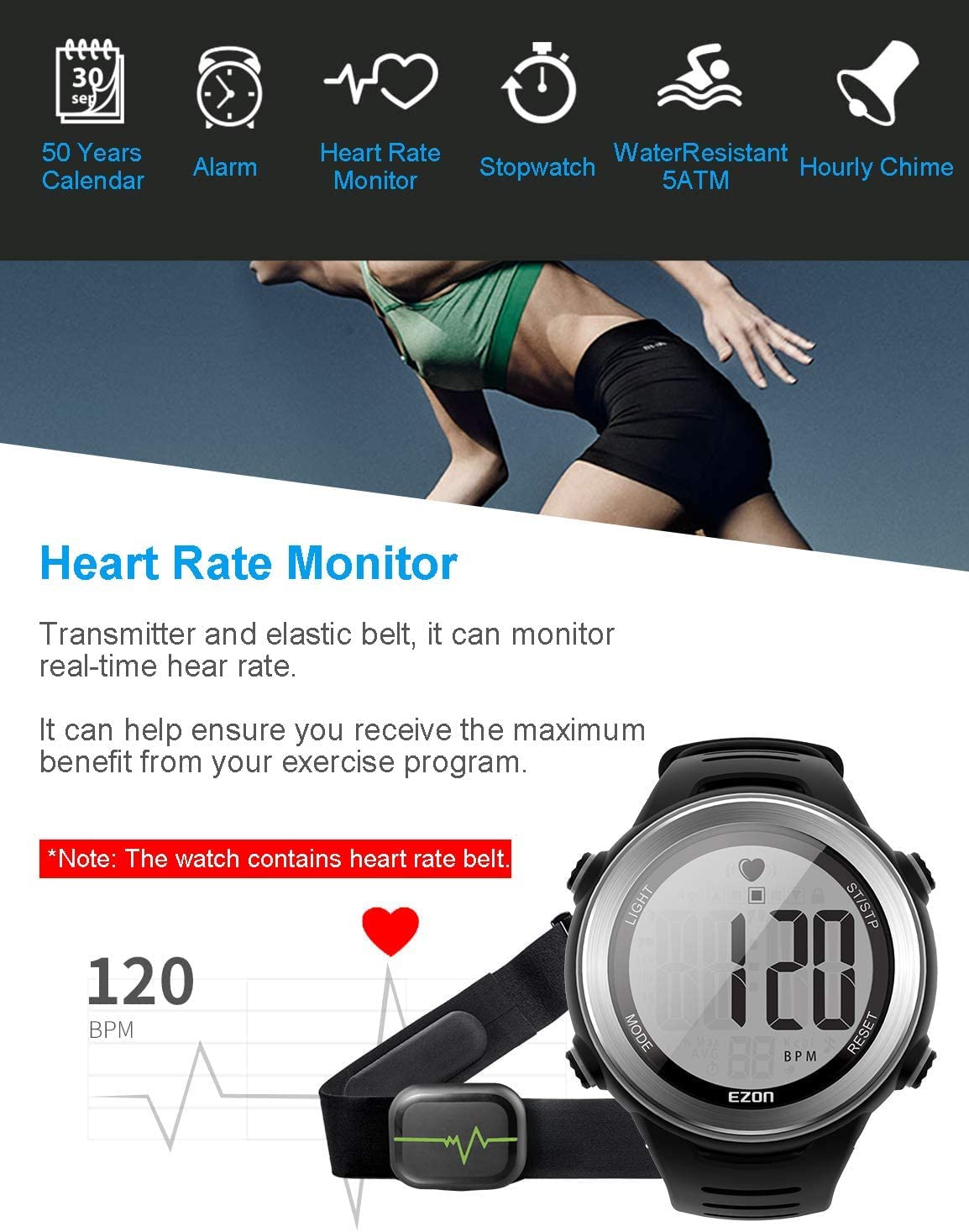 EZON Heart Rate Monitor and Chest Strap, Exercise Heart Rate Monitor, Sports Watch with HRM, Waterproof, Stopwatch, Hourly Chime T007