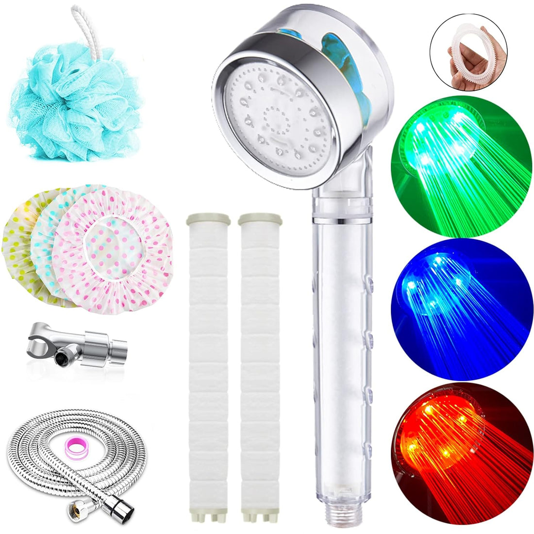 Led Shower Head 3 Color Light Change Automatically Handheld Showerhead PP-Cotton Filter Turbo Propeller Driven Shower Head set, Water Saving Filtered Shower Head for Dry Skin& Hair