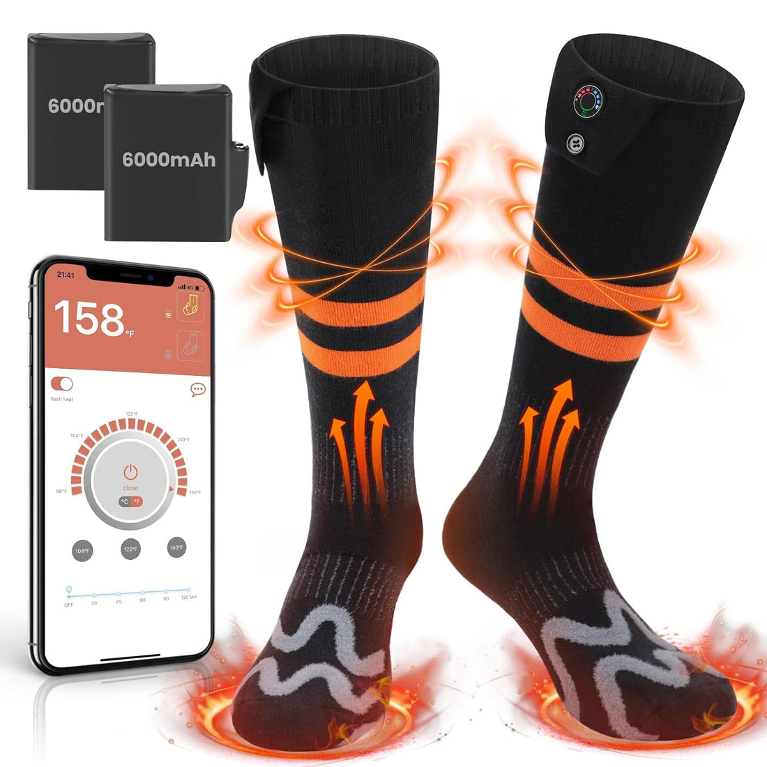 Heated Socks for Men Women,Electric Socks,Rechargeable Heated Socks for Men,Foot Warmer Socks,Washable Heating Socks for Winter Outdoor Camping,Skiing,Fishing,Biking,Hiking (Black&Orange-S)