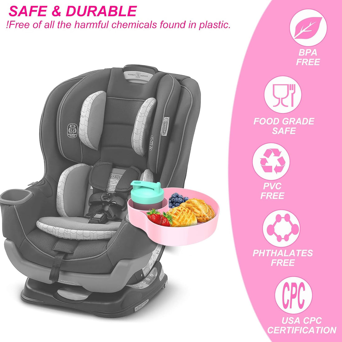 OMYPOTT Kids Car Seat Snack Tray: Travel Trays for Kids Car Cup Holder, Toddler Road Trip Essential, Travel Snacks Food Plate for Stroller, Boosters, and Anywhere with a Cup Holder -Pink
