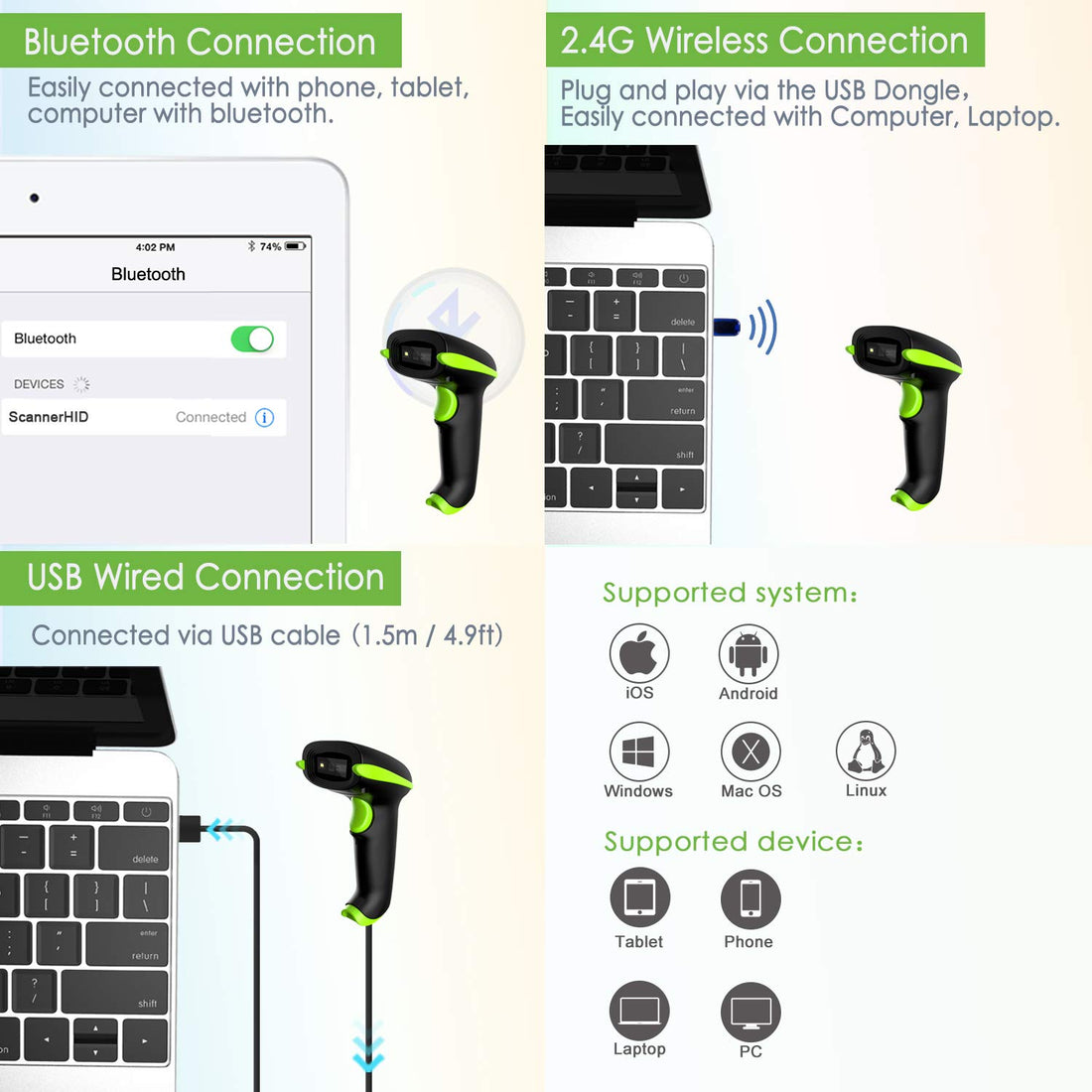 NADAMOO 3-in-1 2D Barcode Scanner, Bluetooth & 2.4G Wireless USB Wired CMOS Image Bar Code Reader for QR PDF417 Data Matrix Screen Scanner with Mobile Payment Computer