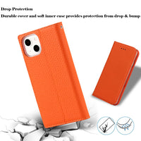 Ｈａｖａｙａ for iPhone 15 Plus Case Genuine Leather iPhone 15 Plus Wallet case with Card Holder for Women Flip Folio Cover with Credit Card Slots for Men-Orange Phone Case