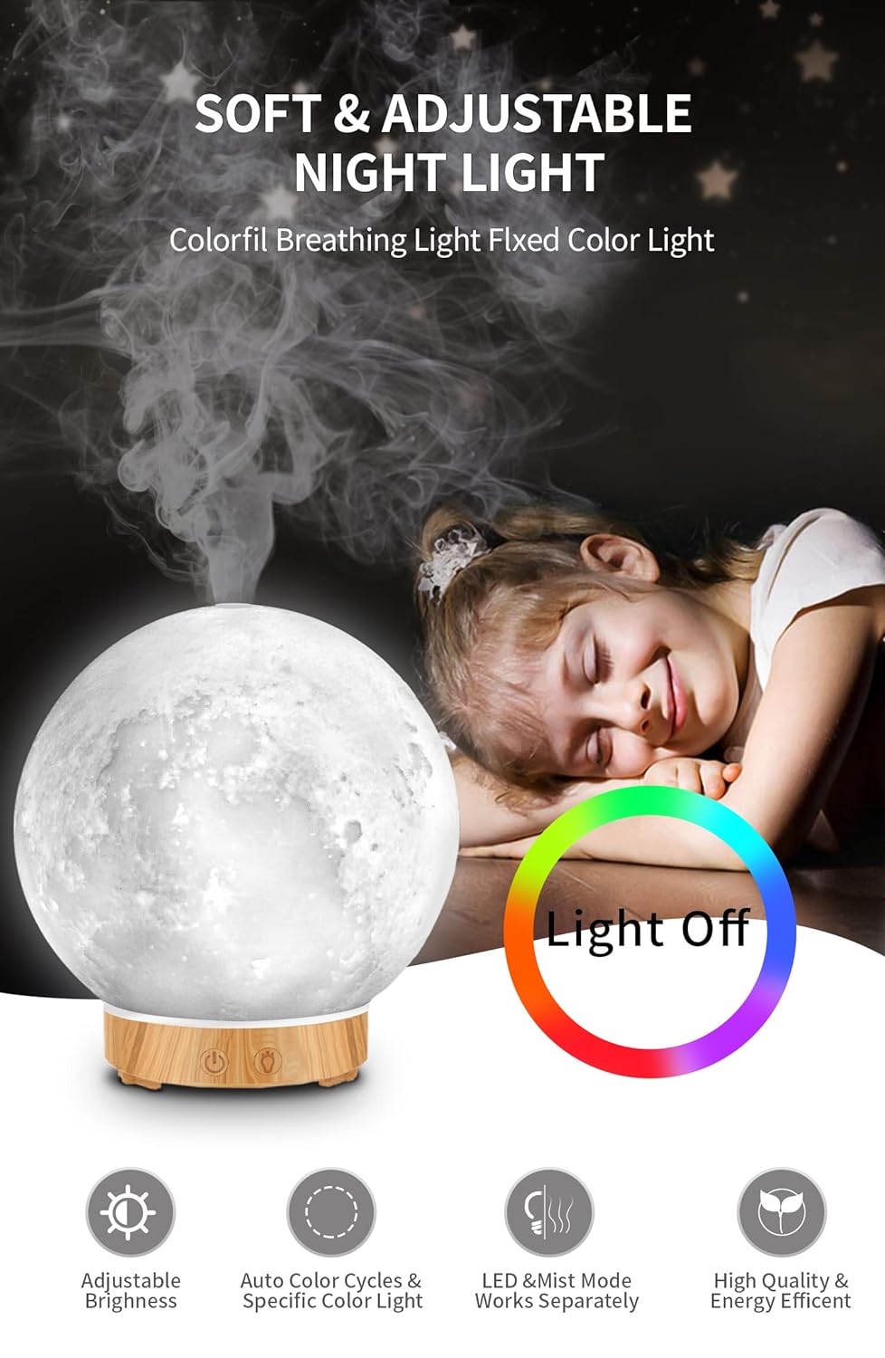 MEIDI Essential Oil Diffuser - Aromatherapy Diffuser with Remote Control, LED Desk Moon Lamp with Cool Mist Humidifier Function, Adjustable Brightness and Mist Mode