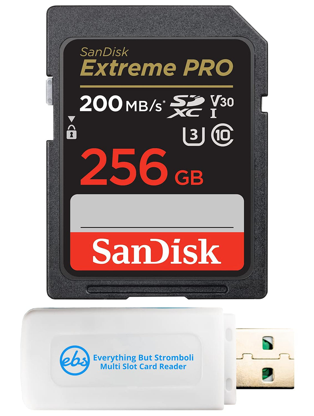 SanDisk 256GB SDXC Extreme Pro Memory Card Works with Sony Alpha a7 III Mirrorless Camera 4K V30 (SDSDXXD-256G-GN4IN) Bundle with (1) Everything But Stromboli MicroSDXC & SD Card Reader