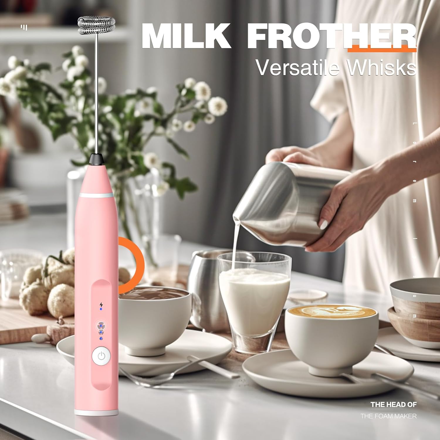Milk Frother Rechargeable Handheld Electric Whisk Coffee Frother Mixer with 3 Stainless whisks 3 Speed Adjustable Foam Maker Blender for Coffee Matcha Latte Cappuccino Hot Chocolate(Pink)