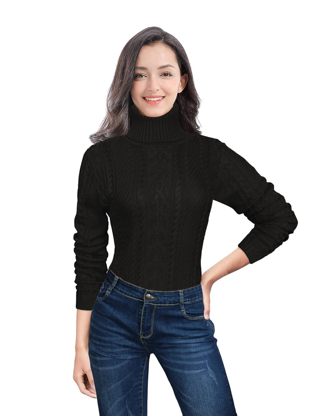 v28 Women Polo Neck Long Slim Fitted Dress Bodycon Turtleneck Cable Knit Sweater, Y Black, X-Large